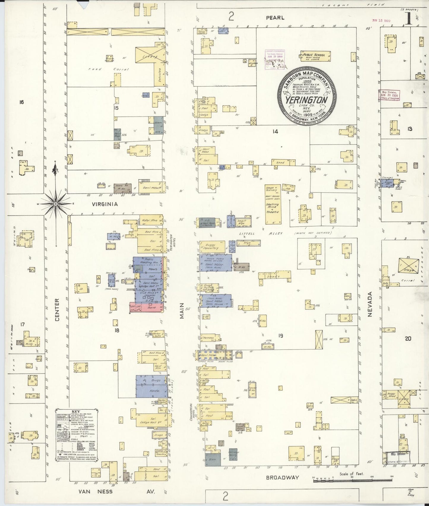 Sanborn Fire Insurance Map from Yerington, Lyon County, Nevada (1909), Sheet #0001 - Historic Sanborn Fire Insurance Map Print, vintage old map wall art, antique decor, genealogy gift, Nevada Nevada map