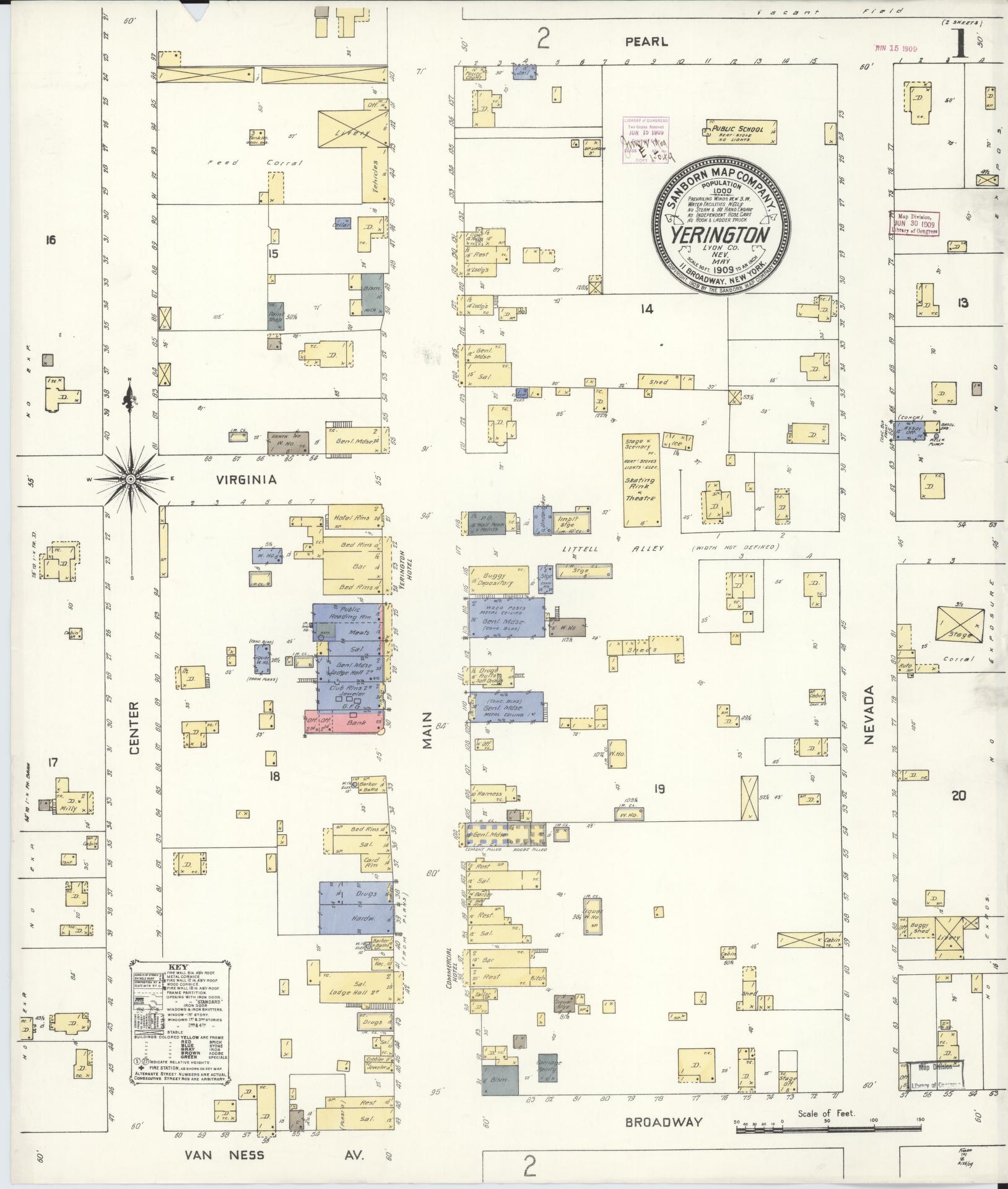Sanborn Fire Insurance Map from Yerington, Lyon County, Nevada (1909), Sheet #0001 - Historic Sanborn Fire Insurance Map Print, vintage old map wall art, antique decor, genealogy gift, Nevada Nevada map