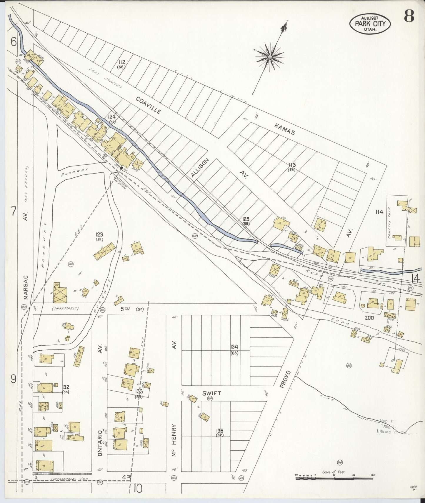 Sanborn Fire Insurance Map from Park City, Summit County, Utah (1907), Sheet #0008 - Complete Map Set gallery image, historic Sanborn map, vintage wall art, Utah Utah