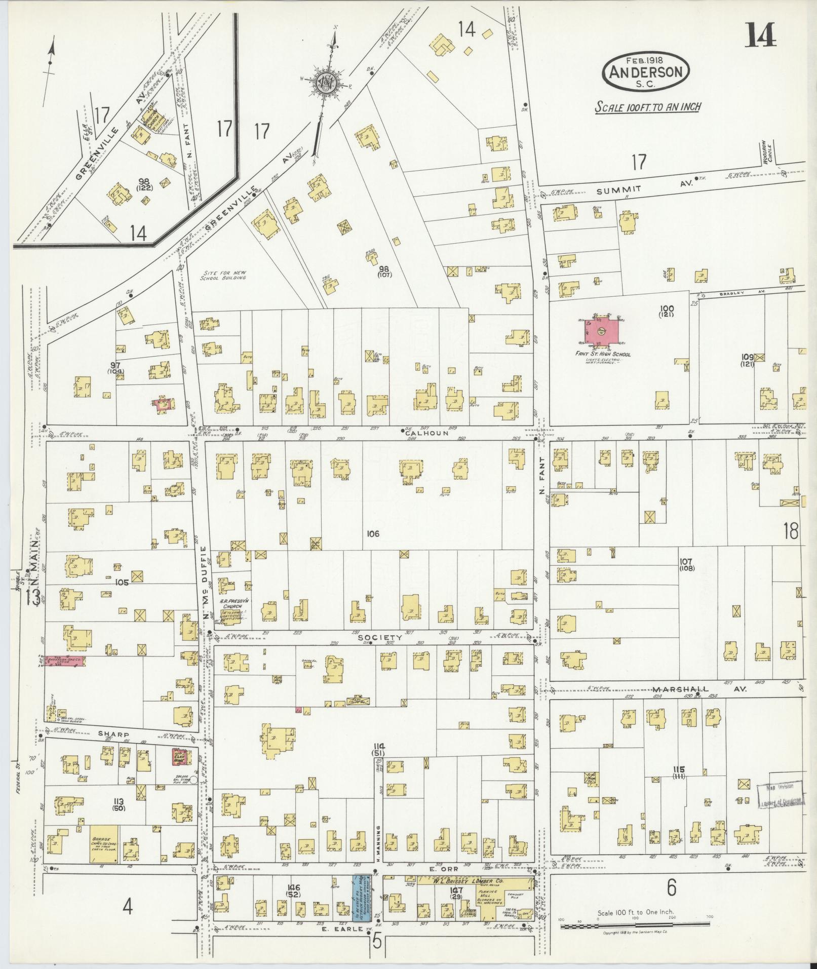 Sanborn Fire Insurance Map from Anderson, Anderson County, South Carolina (1918), Sheet #0014 - Complete Map Set gallery image, historic Sanborn map, vintage wall art, South Carolina South Carolina