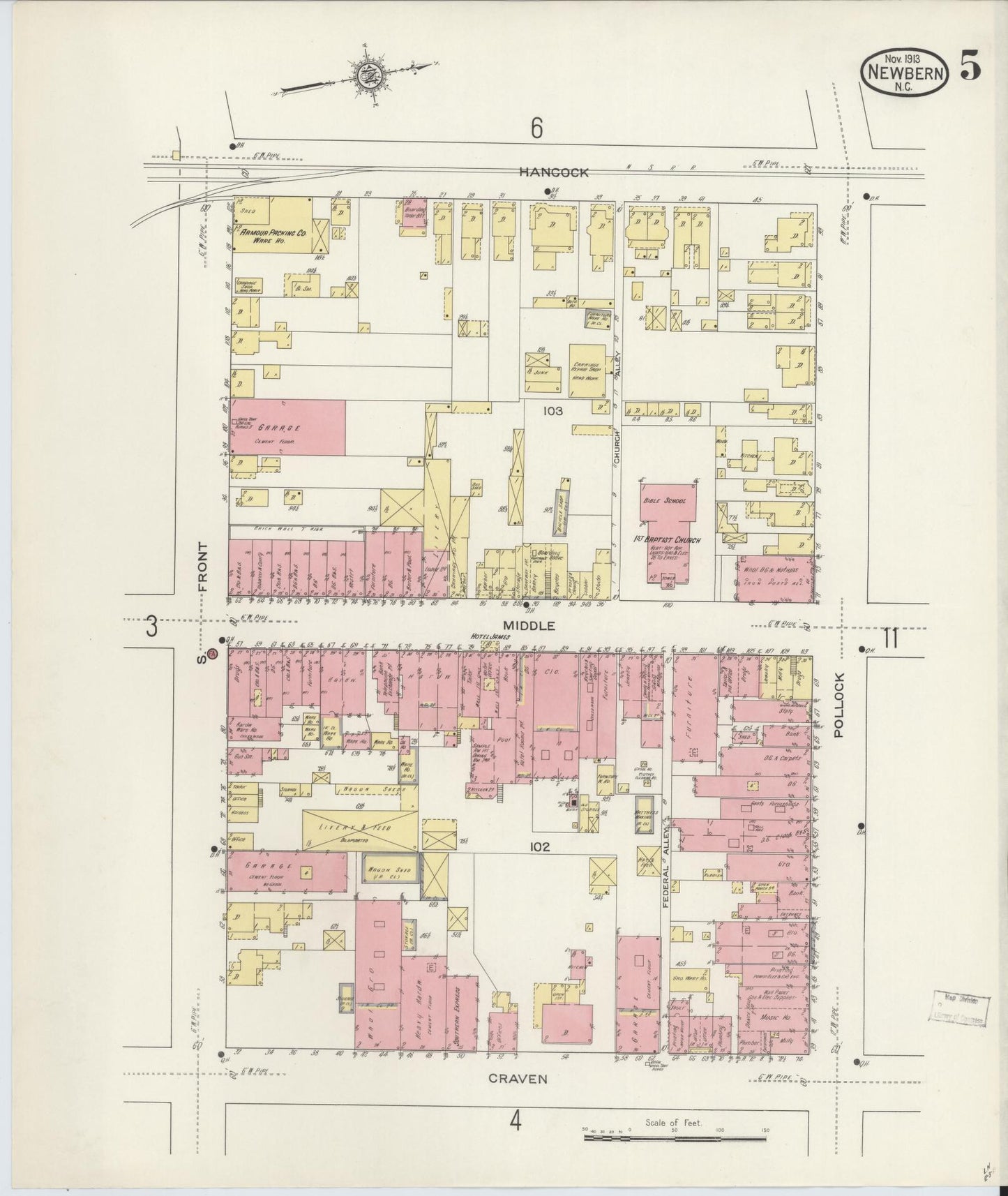 Sanborn Fire Insurance Map from New Bern, Craven County, North Carolina (1913), Sheet #0005 - Historic Sanborn Fire Insurance Map Print, vintage old map wall art, antique decor, genealogy gift, North Carolina North Carolina map