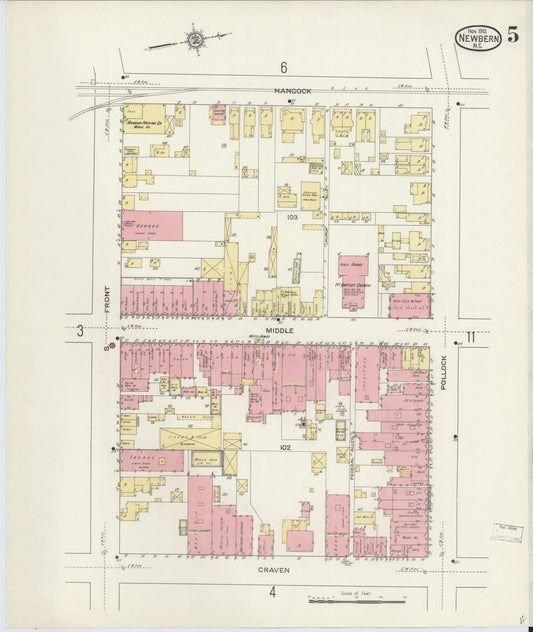 Sanborn Fire Insurance Map from New Bern, Craven County, North Carolina (1913), Sheet #0005 - Historic Sanborn Fire Insurance Map Print, vintage old map wall art, antique decor, genealogy gift, North Carolina North Carolina map