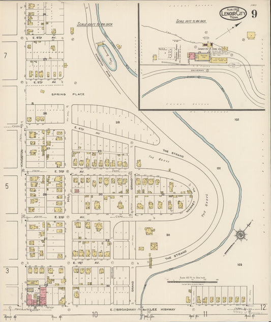 Sanborn Fire Insurance Map from Lenoir City, Loudon County, Tennessee (1922), Sheet #0009 - Historic Sanborn Fire Insurance Map Print, vintage old map wall art, antique decor, genealogy gift, Tennessee Tennessee map