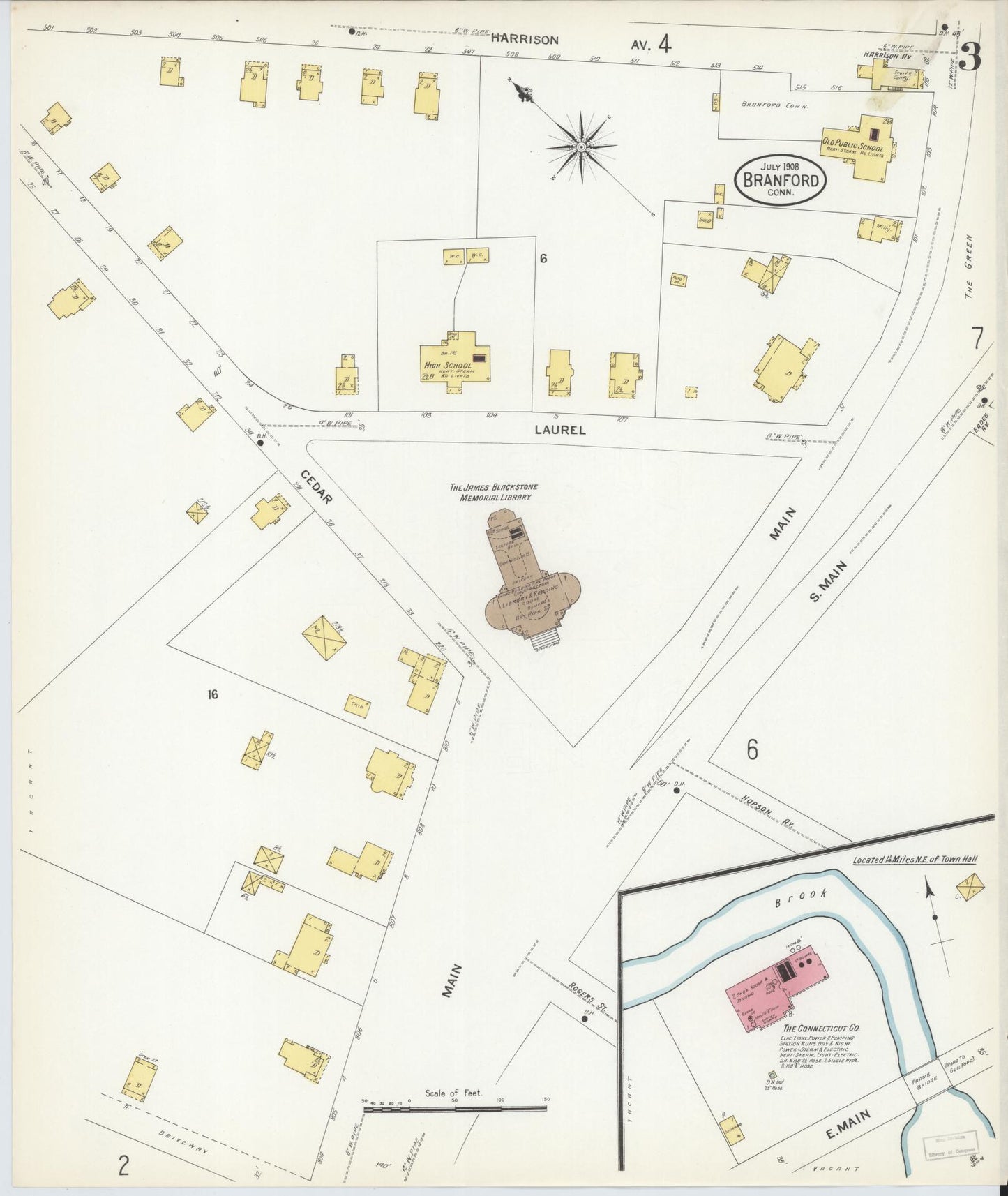 Sanborn Fire Insurance Map from Branford, New Haven County, Connecticut (1908), Sheet #0003 - Historic Sanborn Fire Insurance Map Print, vintage old map wall art, antique decor, genealogy gift, Connecticut Connecticut map