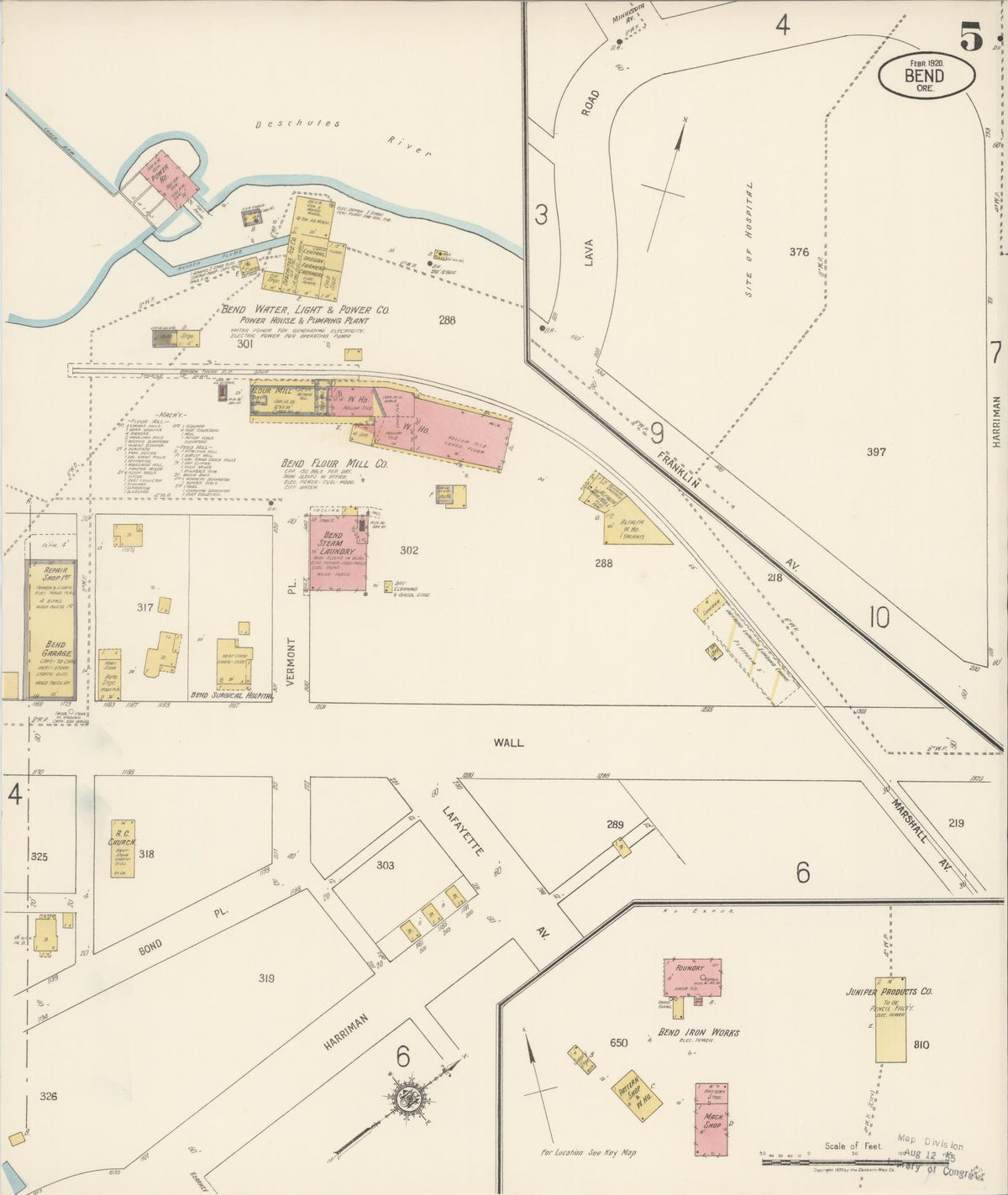 Sanborn Fire Insurance Map from Bend, Deschutes County, Oregon (1920), Sheet #0005 - Historic Sanborn Fire Insurance Map Print, vintage old map wall art, antique decor, genealogy gift, Oregon Oregon map