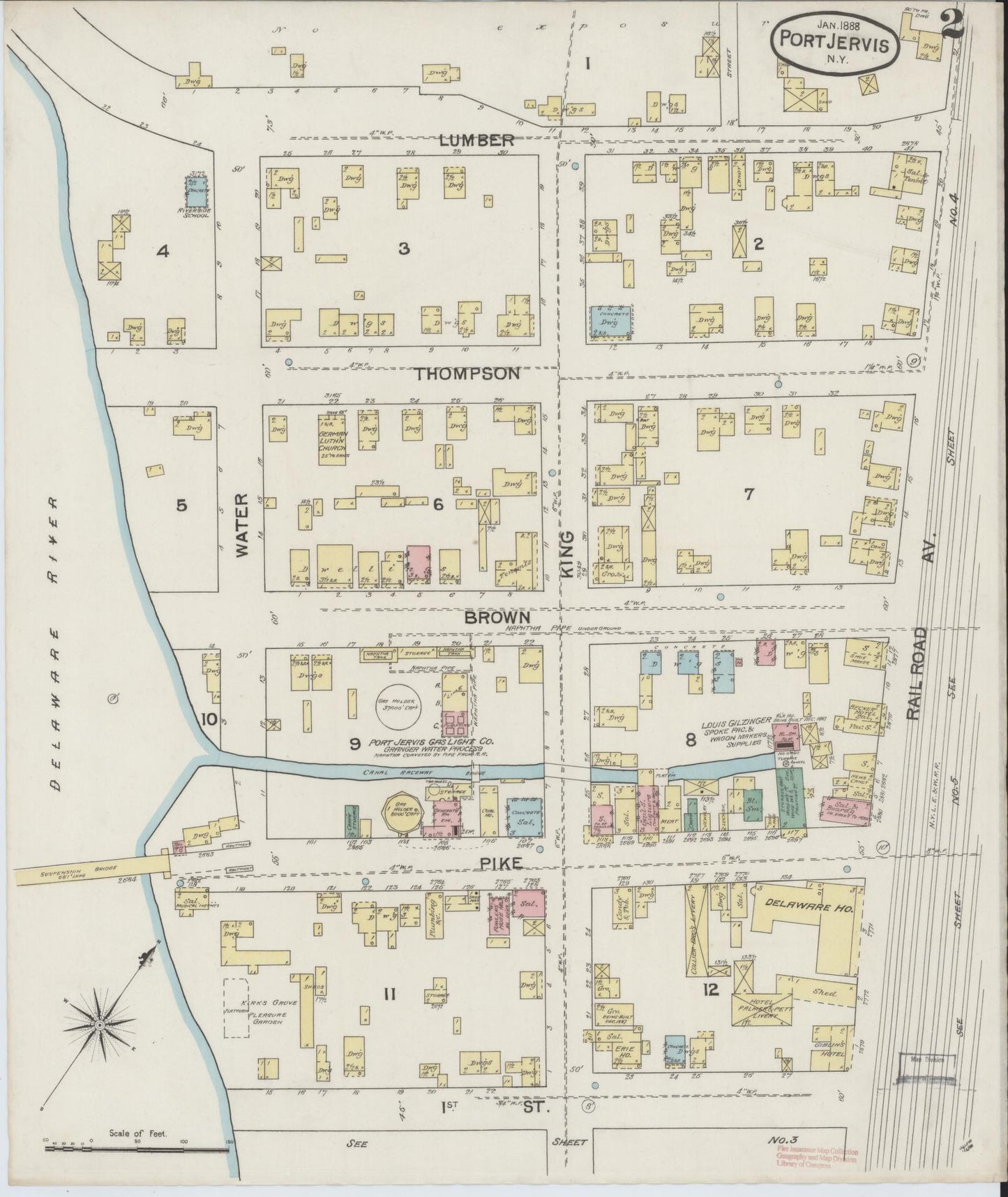 Sanborn Fire Insurance Map from Port Jervis, Orange County, New York (1888), Sheet #0002 - Complete Map Set gallery image, historic Sanborn map, vintage wall art, New York New York