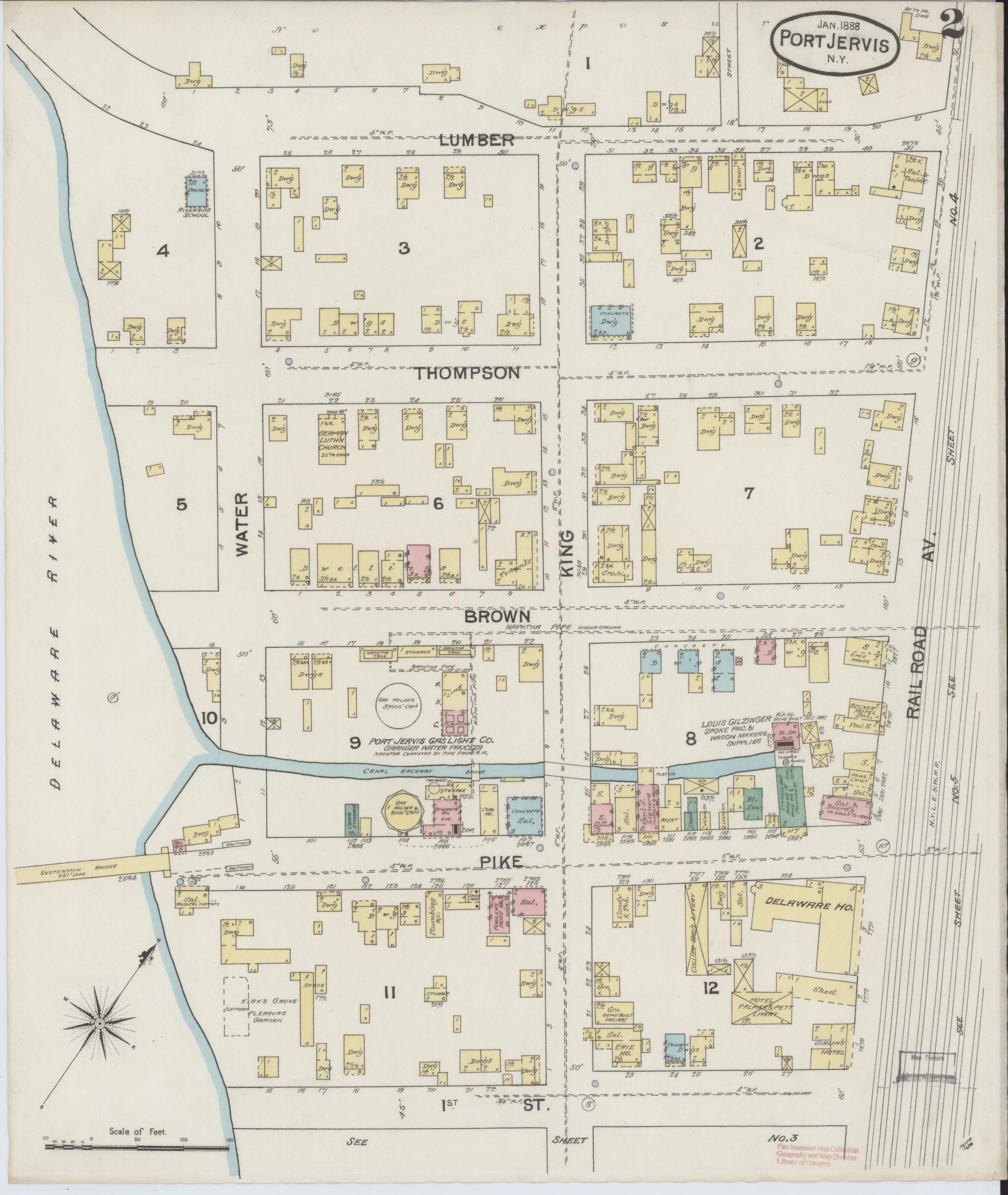 Sanborn Fire Insurance Map from Port Jervis, Orange County, New York (1888), Sheet #0002 - Complete Map Set gallery image, historic Sanborn map, vintage wall art, New York New York