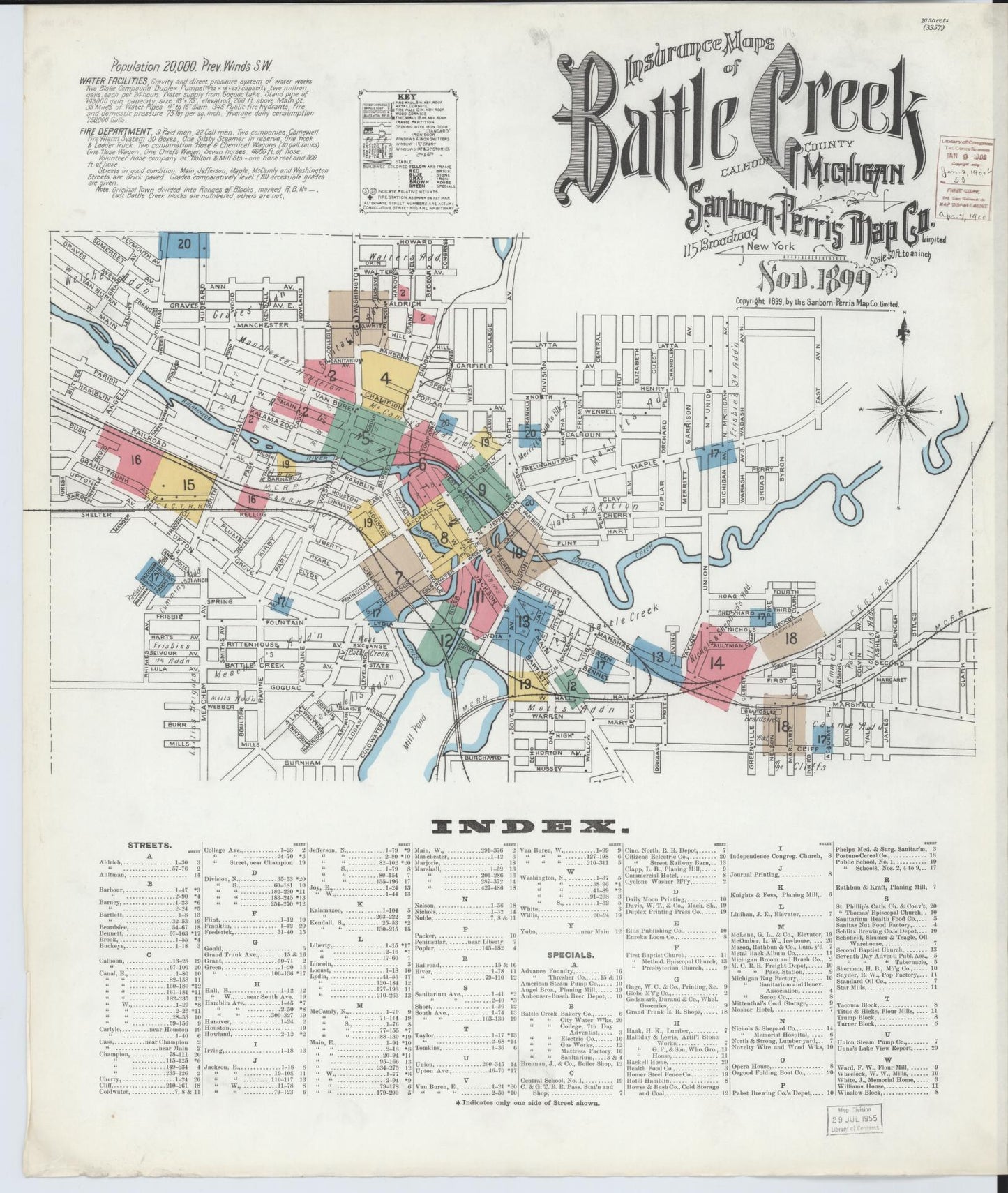 Sanborn Fire Insurance Map from Battle Creek, Calhoun County, Michigan (1899), Sheet #0001 - Historic Sanborn Fire Insurance Map Print, vintage old map wall art, antique decor, genealogy gift, Michigan Michigan map