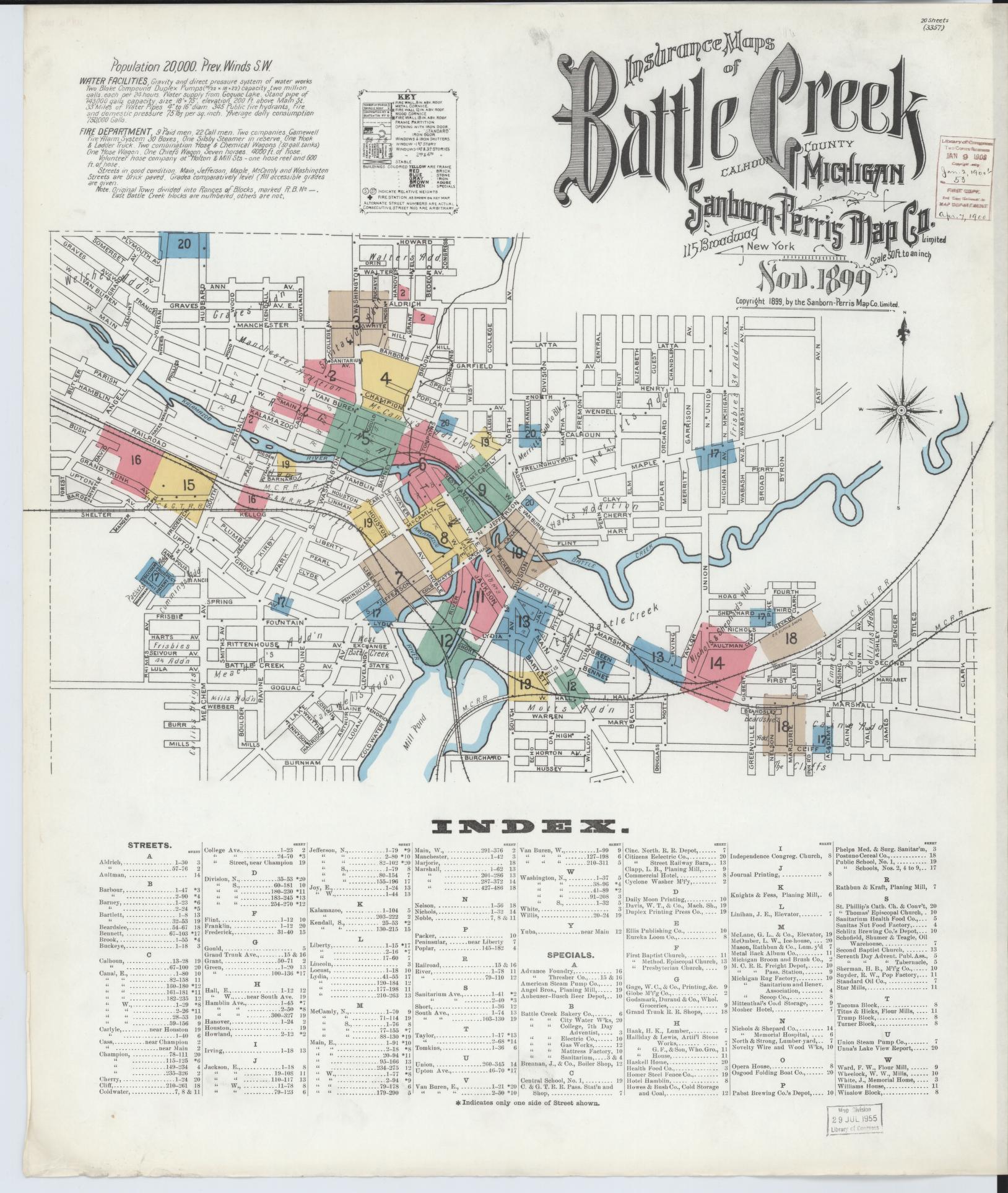 Sanborn Fire Insurance Map from Battle Creek, Calhoun County, Michigan (1899), Sheet #0001 - Historic Sanborn Fire Insurance Map Print, vintage old map wall art, antique decor, genealogy gift, Michigan Michigan map