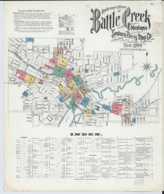 Sanborn Fire Insurance Map from Battle Creek, Calhoun County, Michigan (1899), Sheet #0001 - Historic Sanborn Fire Insurance Map Print, vintage old map wall art, antique decor, genealogy gift, Michigan Michigan map
