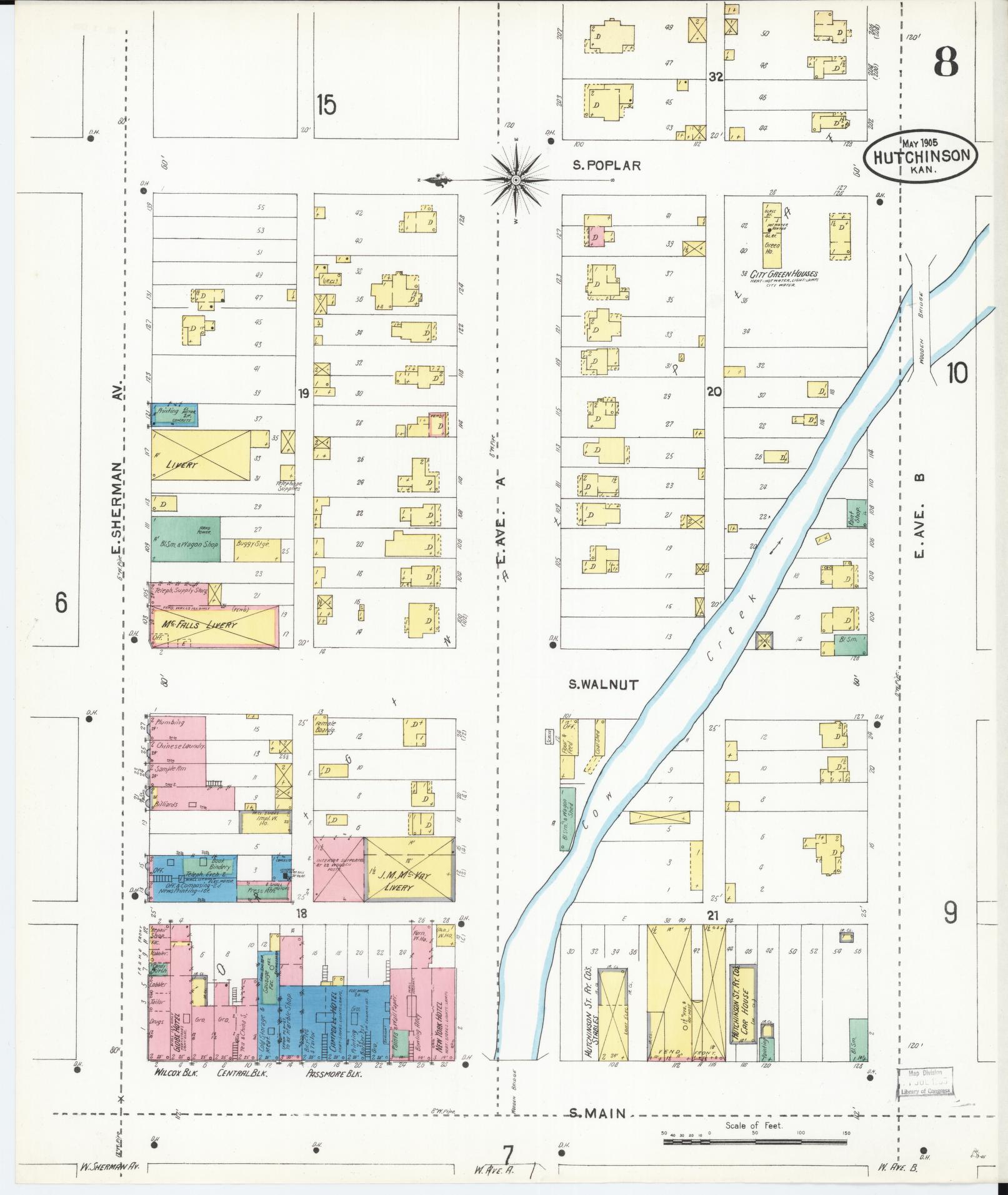 Sanborn Fire Insurance Map from Hutchinson, Reno County, Kansas (1905), Sheet #0008 - Complete Map Set gallery image, historic Sanborn map, vintage wall art, Kansas Kansas