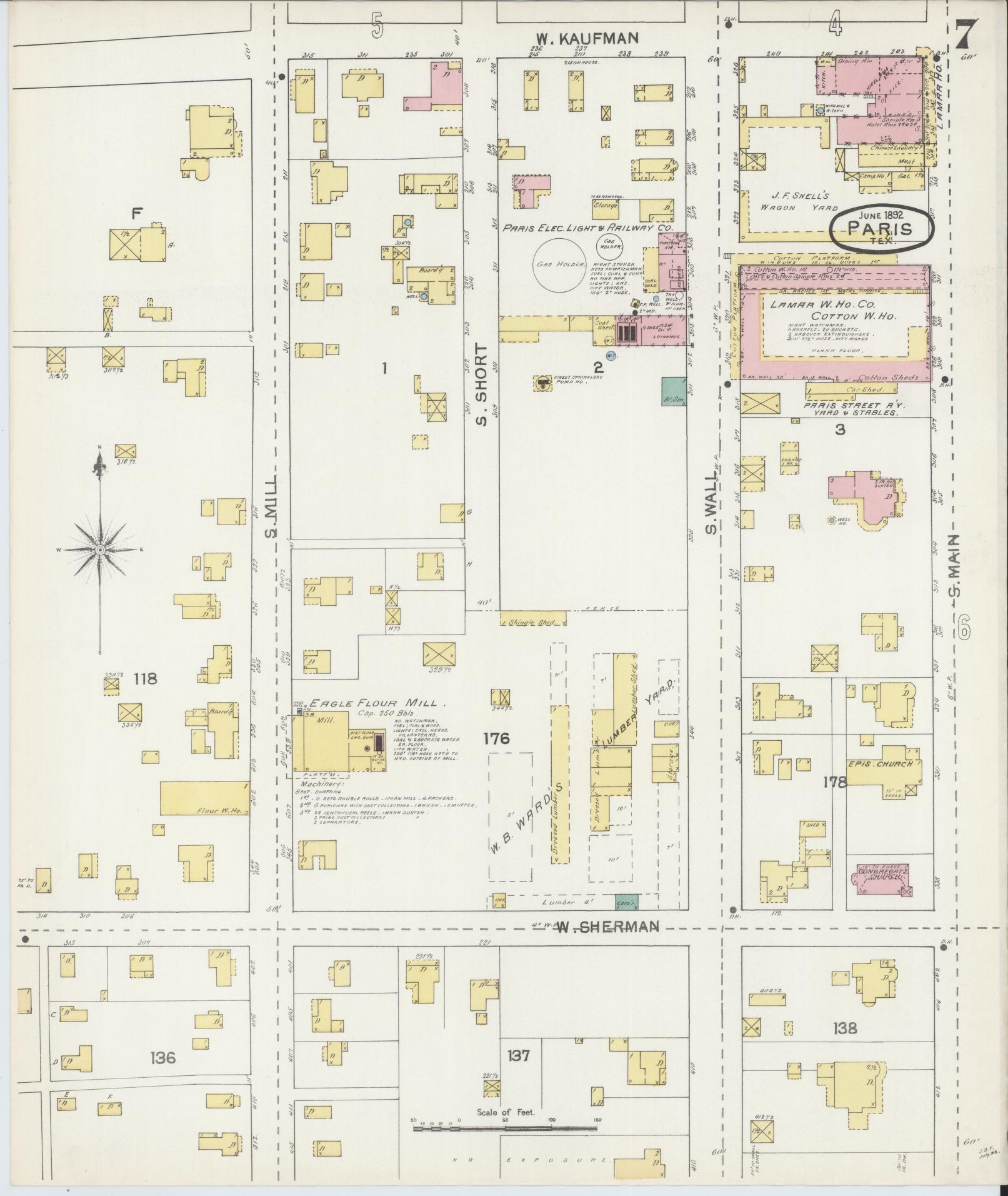 Sanborn Fire Insurance Map from Paris, Lamar County, Texas (1892), Sheet #0007 - Complete Map Set gallery image, historic Sanborn map, vintage wall art, Texas Texas