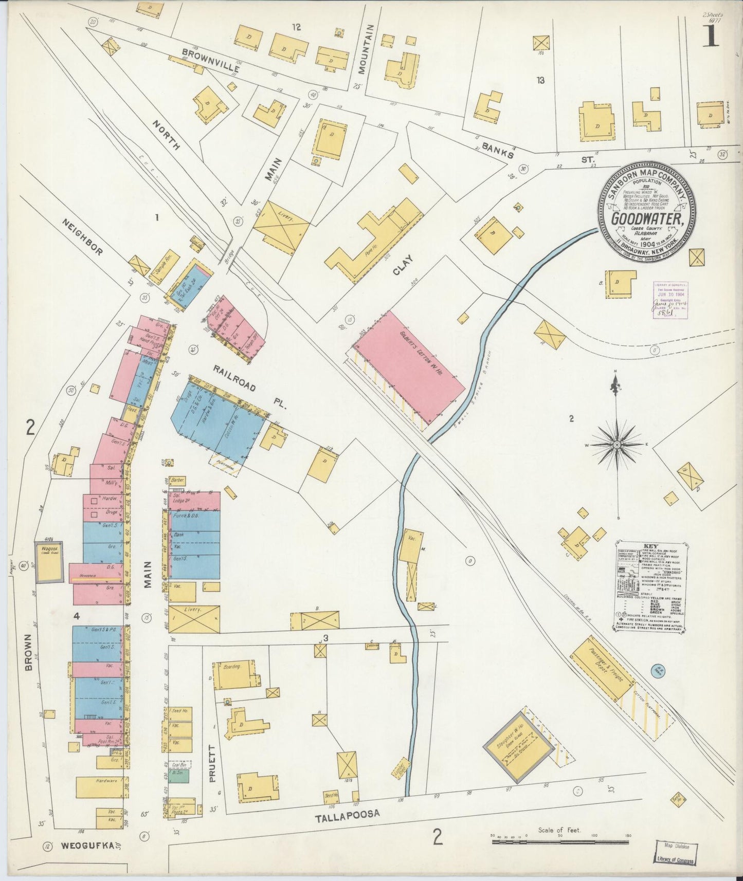 Sanborn Fire Insurance Map from Goodwater, Coosa County, Alabama (1904), Sheet #0001 - Complete Map Set gallery image, historic Sanborn map, vintage wall art, Alabama Alabama