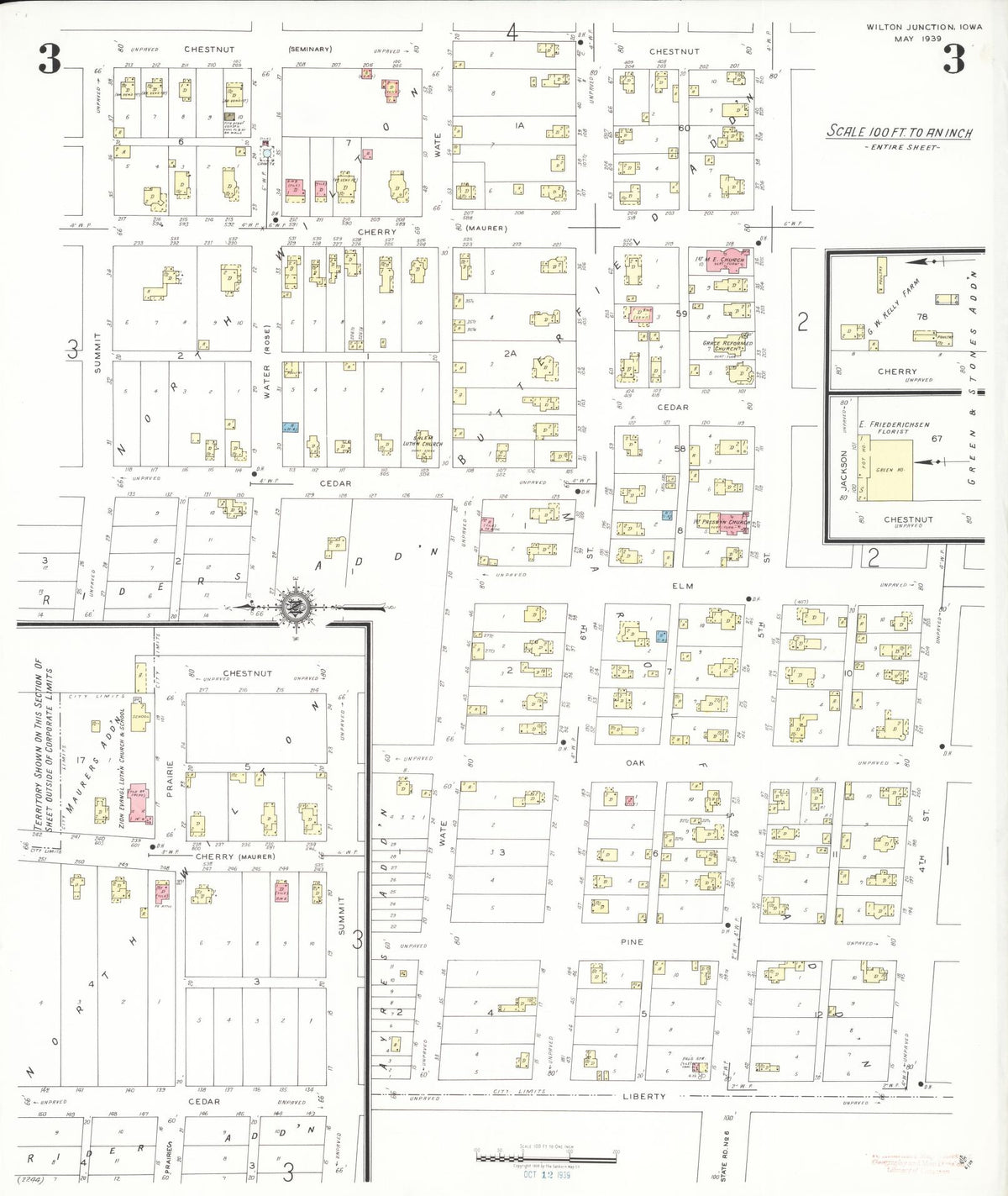Sanborn Fire Insurance Map from Wilton Junction, Muscatine County, Iowa (1939), Sheet #0003 - Historic Sanborn Fire Insurance Map Print, vintage old map wall art