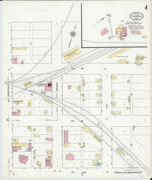 Sanborn Fire Insurance Map from Chaska, Carver County, Minnesota (1911), Sheet #0004 - Historic Sanborn Fire Insurance Map Print, vintage old map wall art, antique decor, genealogy gift, Minnesota Minnesota map