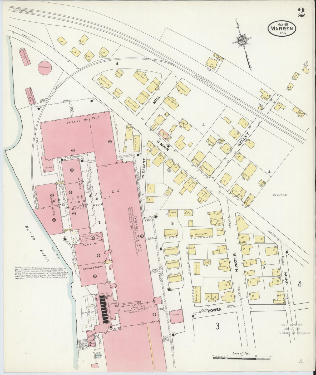 Sanborn Fire Insurance Map from Warren, Bristol County, Rhode Island (1911), Sheet #0002 - Historic Sanborn Fire Insurance Map Print, vintage old map wall art, antique decor, genealogy gift, Rhode Island Rhode Island map