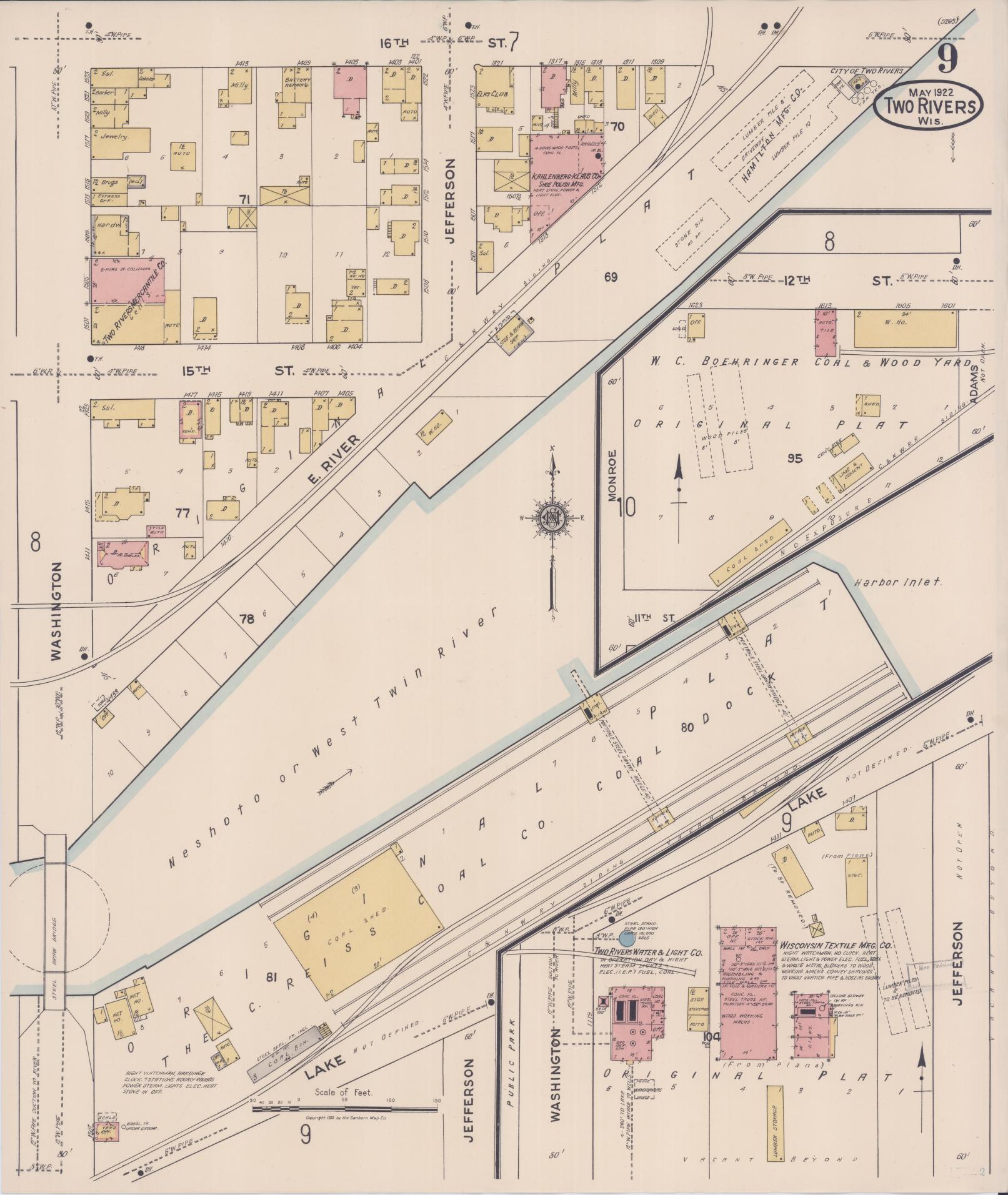 Sanborn Fire Insurance Map from Two Rivers, Manitowoc County, Wisconsin (1922), Sheet #0009 - Complete Map Set gallery image, historic Sanborn map, vintage wall art, Wisconsin Wisconsin