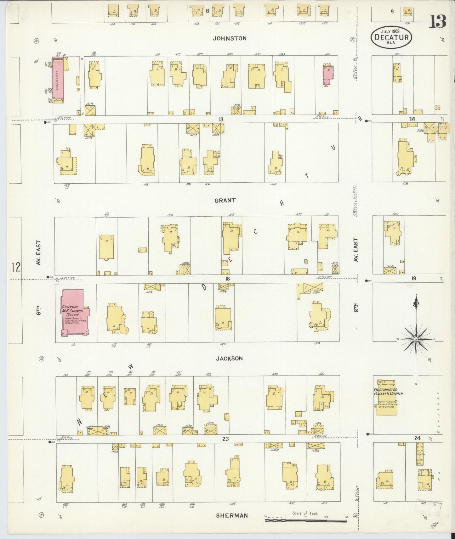 Sanborn Fire Insurance Map from Decatur, Morgan County, Alabama (1908), Sheet #0013 - Historic Sanborn Fire Insurance Map Print, vintage old map wall art, antique decor, genealogy gift, Alabama Alabama map