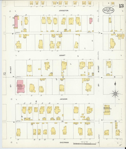Sanborn Fire Insurance Map from Decatur, Morgan County, Alabama (1908), Sheet #0013 - Historic Sanborn Fire Insurance Map Print, vintage old map wall art, antique decor, genealogy gift, Alabama Alabama map