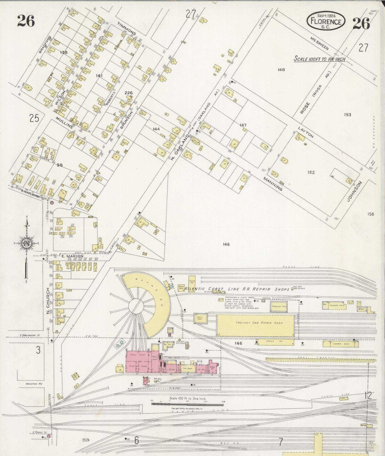 Sanborn Fire Insurance Map from Florence, Florence County, South Carolina (1924), Sheet #0026 - Historic Sanborn Fire Insurance Map Print, vintage old map wall art, antique decor, genealogy gift, South Carolina South Carolina map