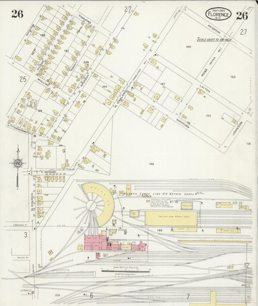 Sanborn Fire Insurance Map from Florence, Florence County, South Carolina (1924), Sheet #0026 - Historic Sanborn Fire Insurance Map Print, vintage old map wall art, antique decor, genealogy gift, South Carolina South Carolina map