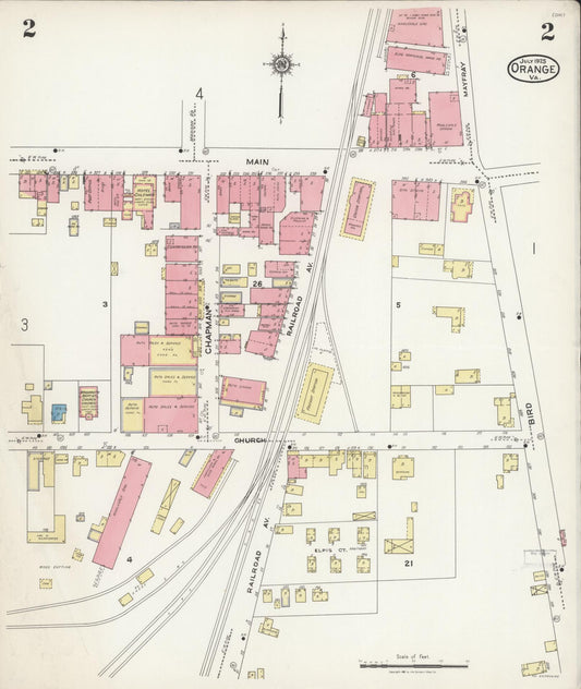 Sanborn Fire Insurance Map from Orange, Orange County, Virginia (1925), Sheet #0002 - Historic Sanborn Fire Insurance Map Print, vintage old map wall art, antique decor, genealogy gift, Virginia Virginia map