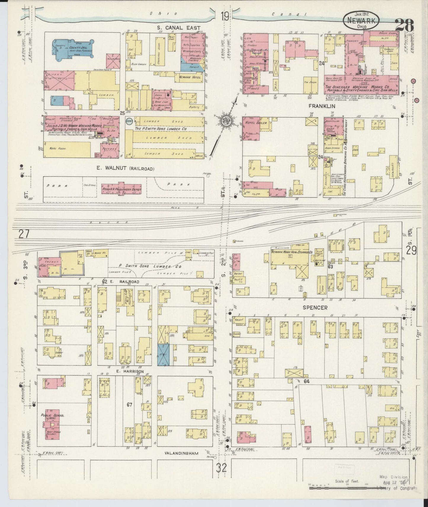 Sanborn Fire Insurance Map from Newark, Licking County, Ohio (1912), Sheet #0028 - Complete Map Set gallery image, historic Sanborn map, vintage wall art, Ohio Ohio