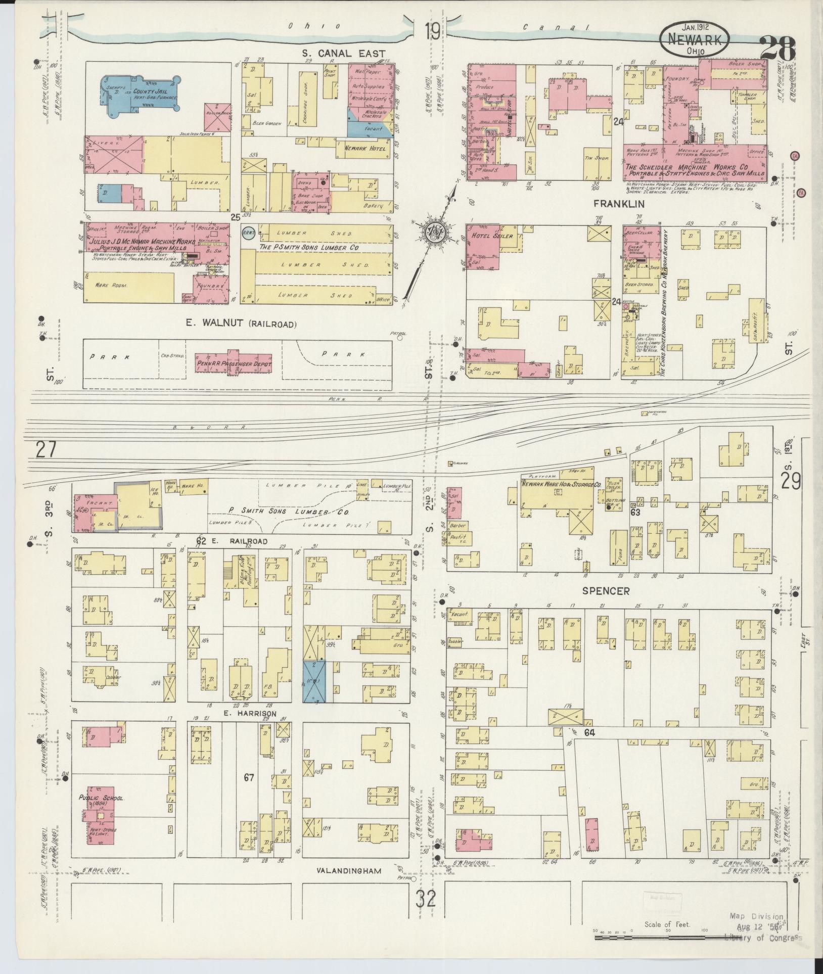Sanborn Fire Insurance Map from Newark, Licking County, Ohio (1912), Sheet #0028 - Complete Map Set gallery image, historic Sanborn map, vintage wall art, Ohio Ohio