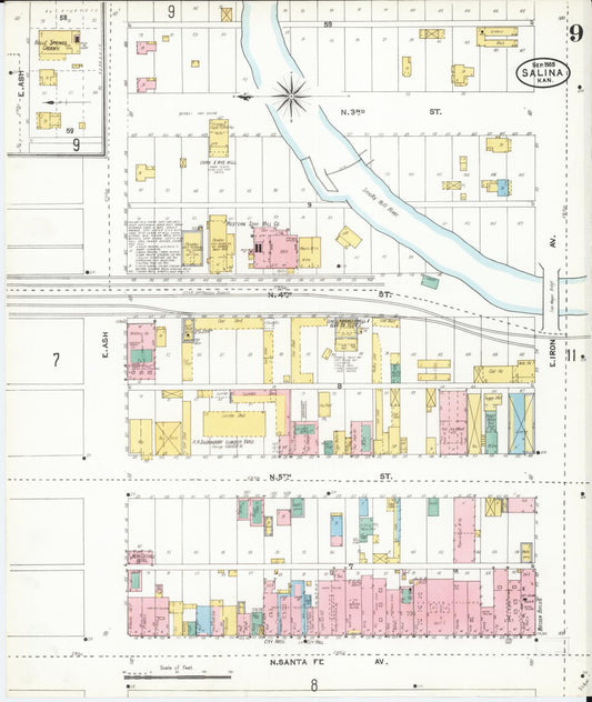 Sanborn Fire Insurance Map from Salina, Saline County, Kansas (1905), Sheet #0009 - Historic Sanborn Fire Insurance Map Print, vintage old map wall art, antique decor, genealogy gift, Kansas Kansas map