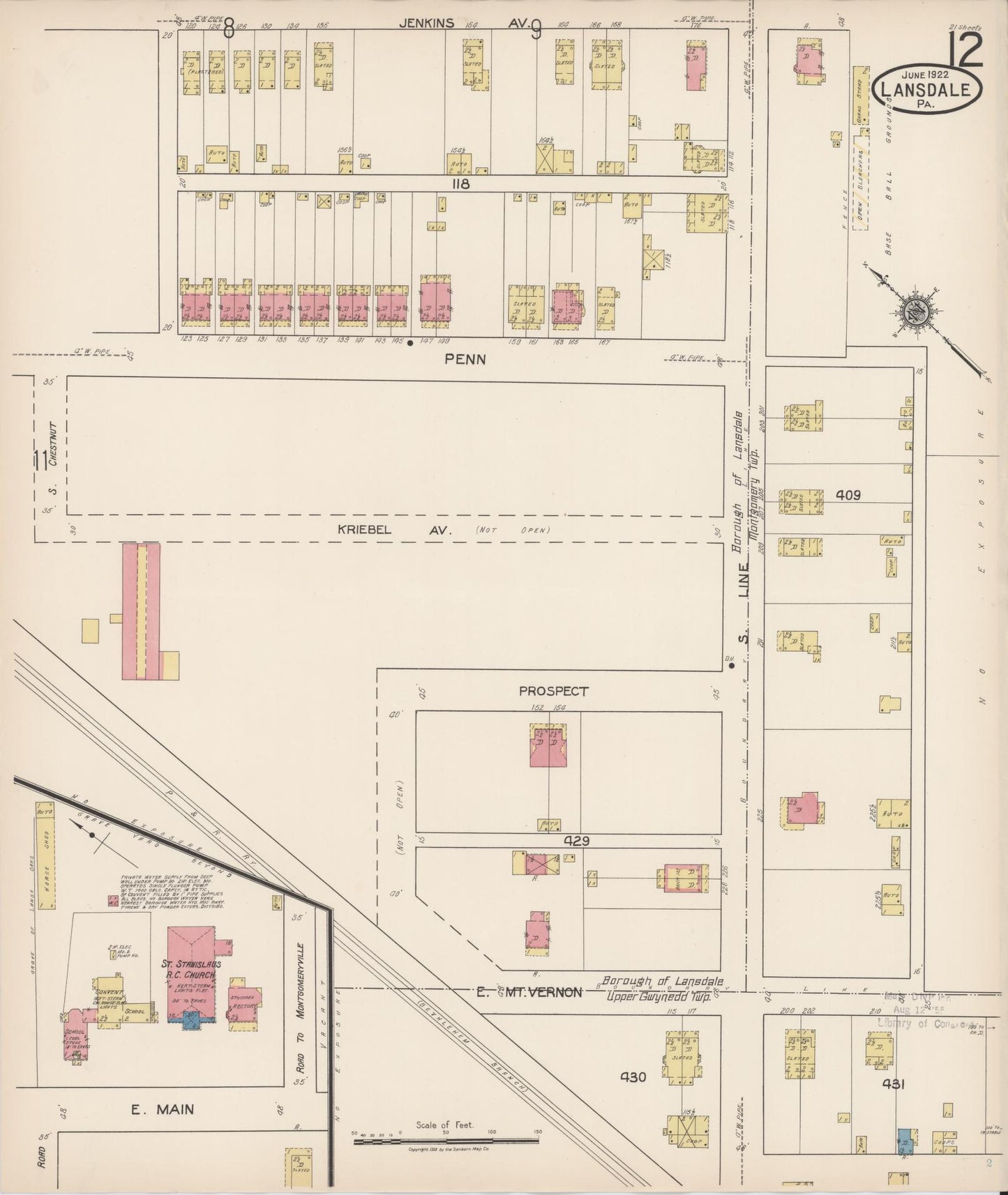 Sanborn Fire Insurance Map from Lansdale, Montgomery County, Pennsylvania (1922), Sheet #0012 - Historic Sanborn Fire Insurance Map Print, vintage old map wall art, antique decor, genealogy gift, Pennsylvania Pennsylvania map
