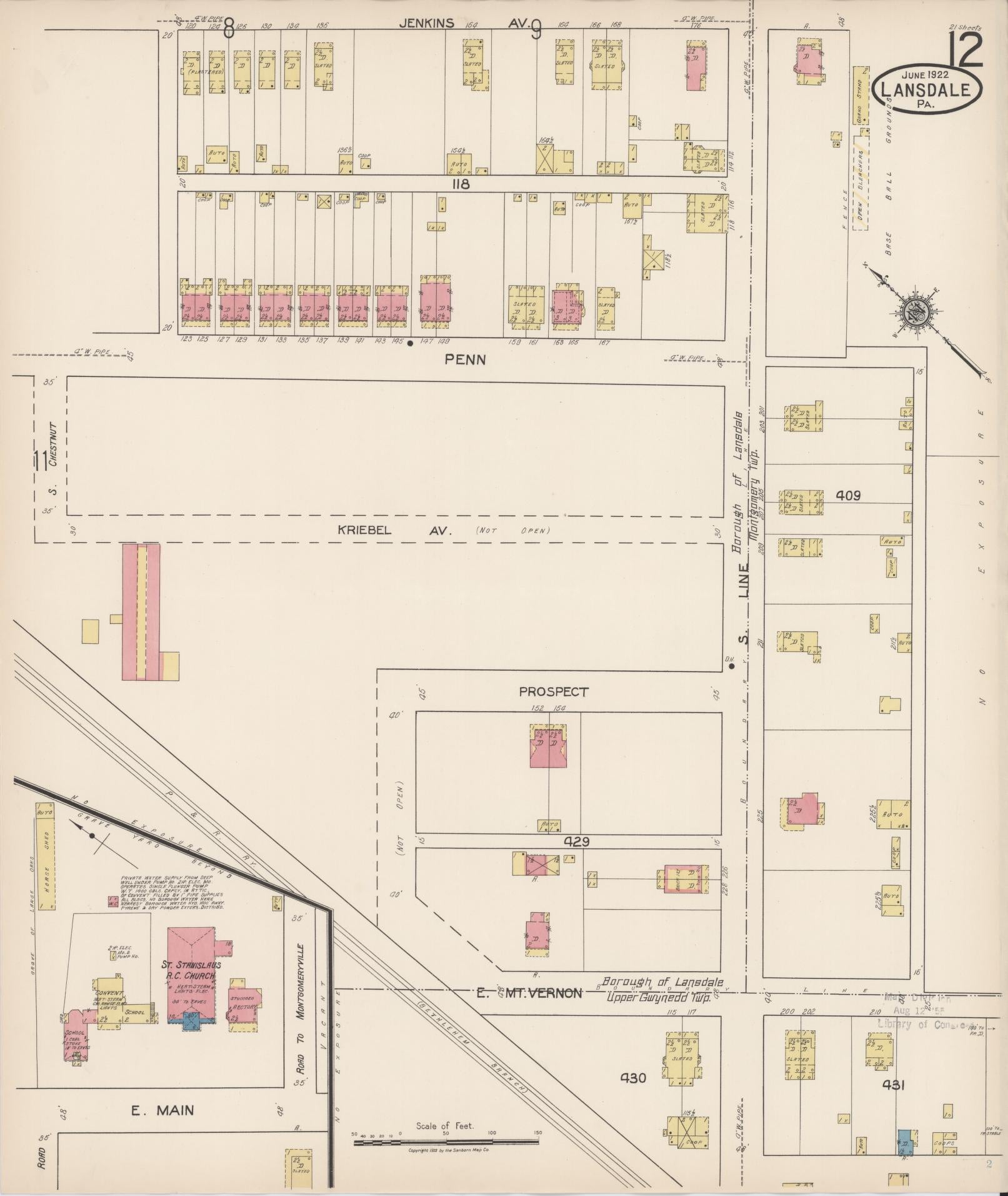 Sanborn Fire Insurance Map from Lansdale, Montgomery County, Pennsylvania (1922), Sheet #0012 - Historic Sanborn Fire Insurance Map Print, vintage old map wall art, antique decor, genealogy gift, Pennsylvania Pennsylvania map