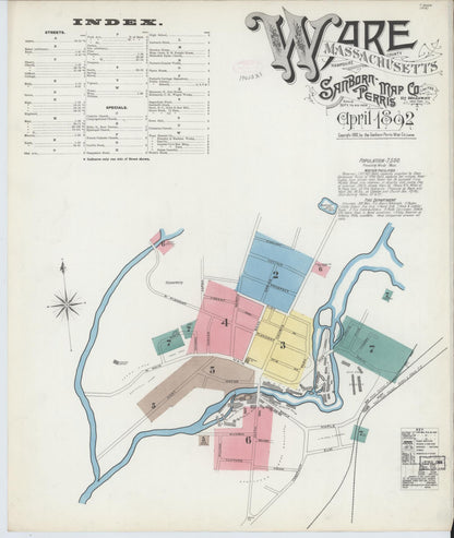 Sanborn Fire Insurance Map from Ware, Hampshire County, Massachusetts (1892), Sheet #0001 - Historic Sanborn Fire Insurance Map Print, vintage old map wall art, antique decor, genealogy gift, Massachusetts Massachusetts map
