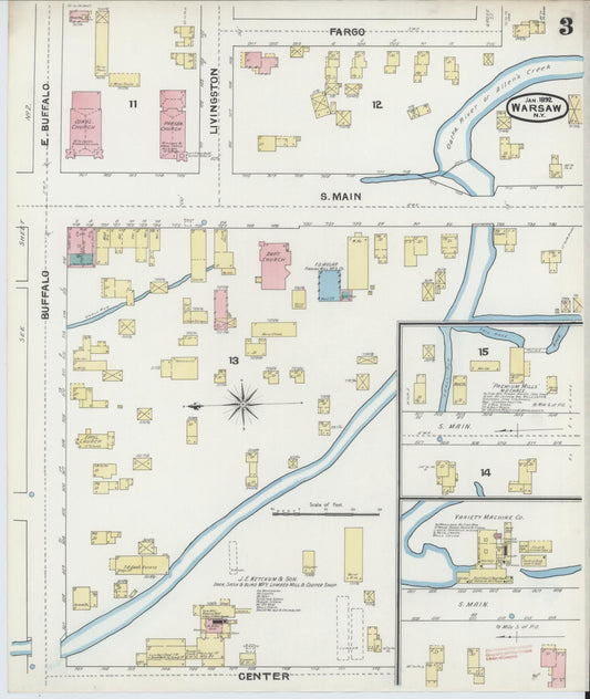Sanborn Fire Insurance Map from Warsaw, Wyoming County, New York (1892), Sheet #0003 - Historic Sanborn Fire Insurance Map Print, vintage old map wall art, antique decor, genealogy gift, Warsaw Wyoming map