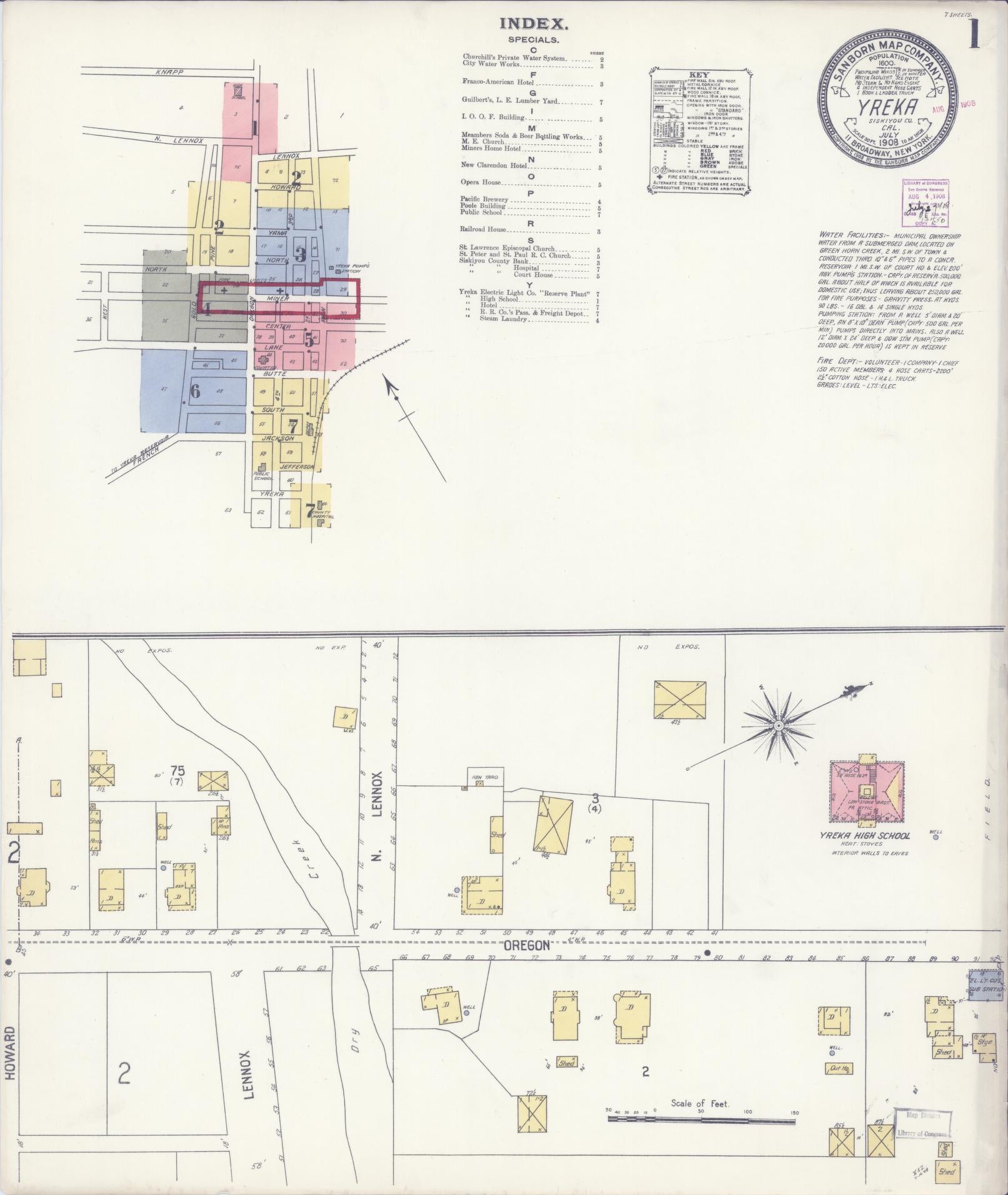 Sanborn Fire Insurance Map from Yreka, Siskiyou County, California (1908), Sheet #0001 - Complete Map Set gallery image, historic Sanborn map, vintage wall art, California California