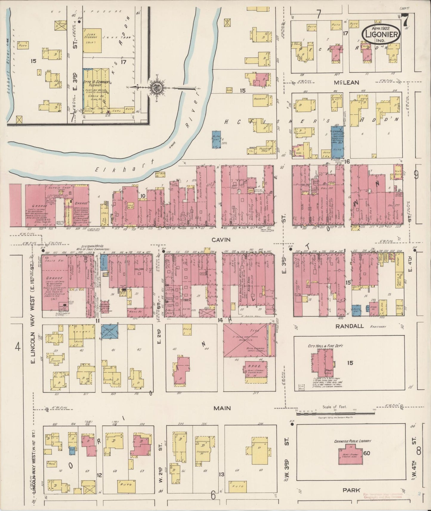 Sanborn Fire Insurance Map from Ligonier, Noble County, Indiana (1922), Sheet #0007 - Historic Sanborn Fire Insurance Map Print, vintage old map wall art, antique decor, genealogy gift, Indiana Indiana map
