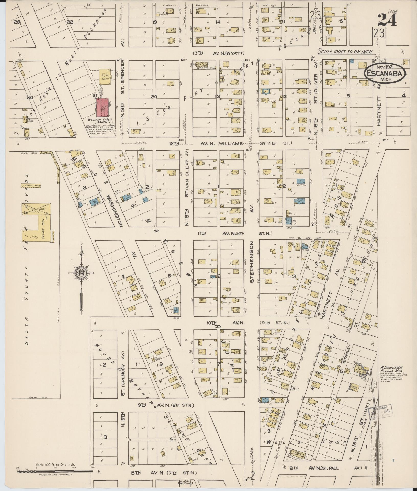 Sanborn Fire Insurance Map from Escanaba, Delta County, Michigan (1921), Sheet #0024 - Complete Map Set gallery image, historic Sanborn map, vintage wall art, Michigan Michigan
