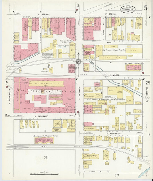Sanborn Fire Insurance Map from Titusville, Crawford County, Pennsylvania (1912), Sheet #0005 - Historic Sanborn Fire Insurance Map Print, vintage old map wall art, antique decor, genealogy gift, Pennsylvania Pennsylvania map