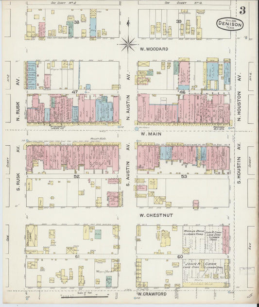 Sanborn Fire Insurance Map from Denison, Grayson County, Texas (1888), Sheet #0003 - Historic Sanborn Fire Insurance Map Print, vintage old map wall art, antique decor, genealogy gift, Texas Texas map