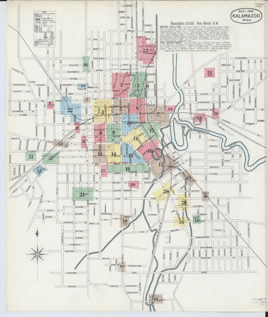 Sanborn Fire Insurance Map from Kalamazoo, Kalamazoo County, Michigan (1896), Sheet #0001 - Historic Sanborn Fire Insurance Map Print, vintage old map wall art, antique decor, genealogy gift, Michigan Michigan map