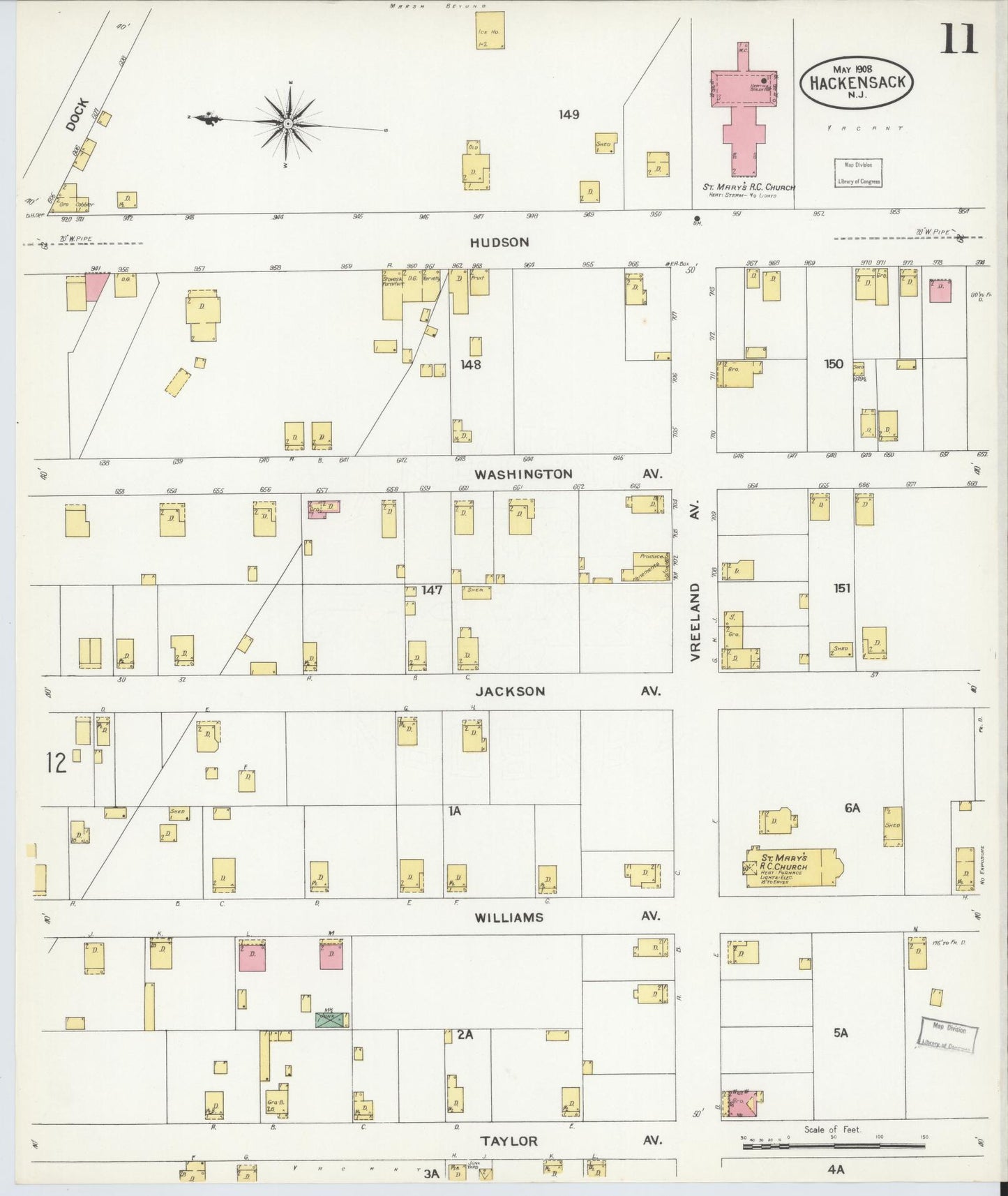 Sanborn Fire Insurance Map from Hackensack, Bergen County, New Jersey (1908), Sheet #0011 - Complete Map Set gallery image, historic Sanborn map, vintage wall art, New Jersey New Jersey