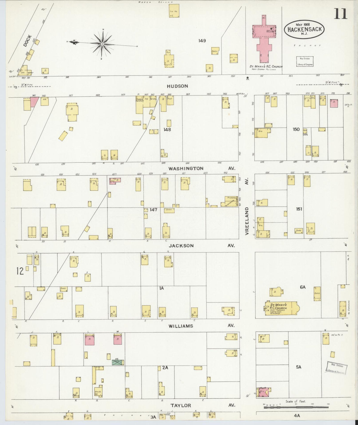 Sanborn Fire Insurance Map from Hackensack, Bergen County, New Jersey (1908), Sheet #0011 - Complete Map Set gallery image, historic Sanborn map, vintage wall art, New Jersey New Jersey
