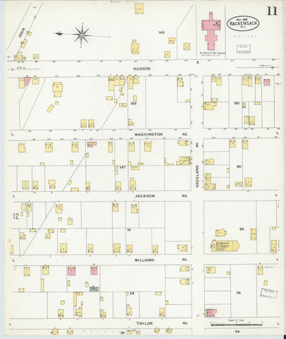 Sanborn Fire Insurance Map from Hackensack, Bergen County, New Jersey (1908), Sheet #0011 - Complete Map Set gallery image, historic Sanborn map, vintage wall art, New Jersey New Jersey