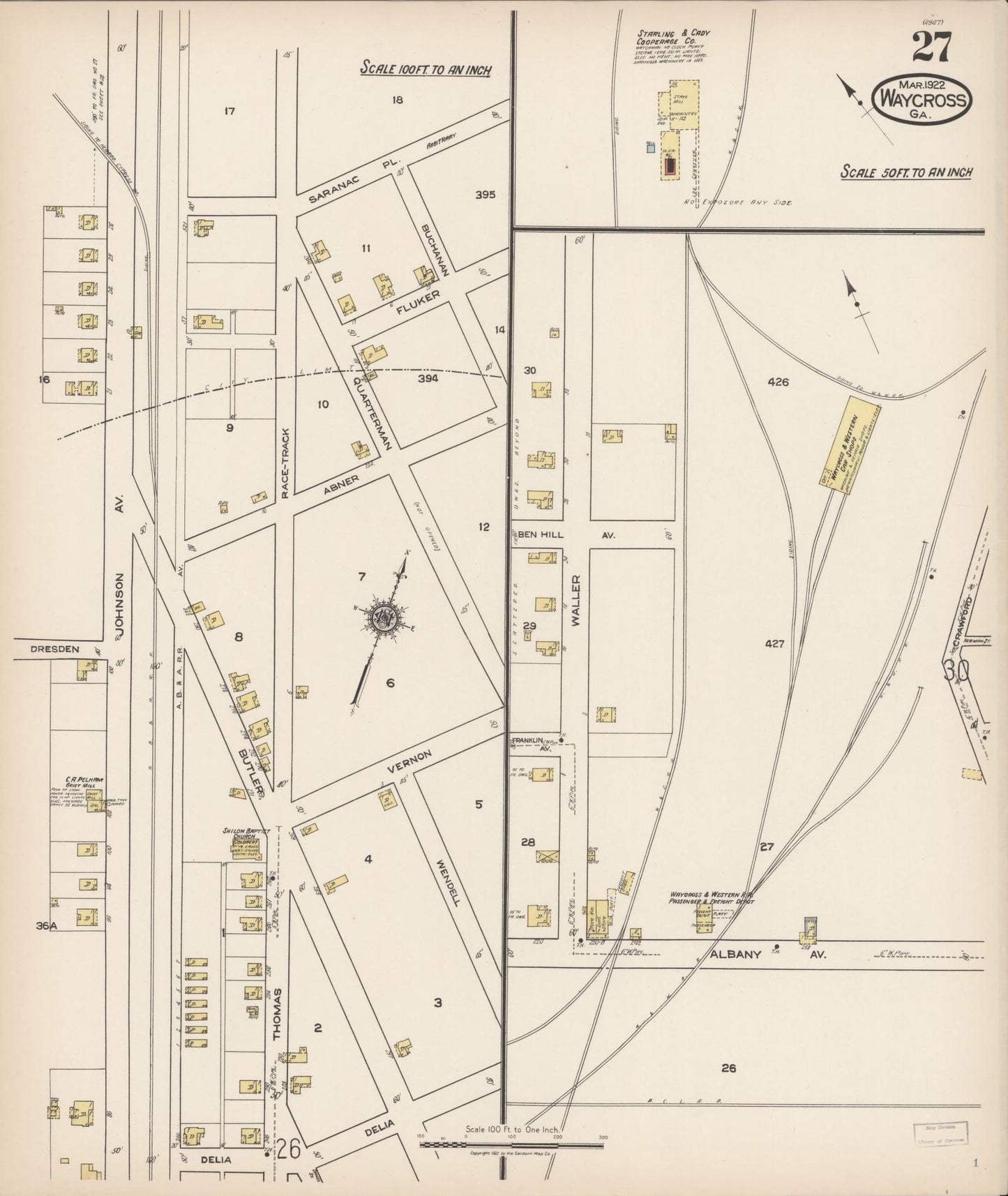 Sanborn Fire Insurance Map from Waycross, Ware County, Georgia (1922), Sheet #0027 - Complete Map Set gallery image, historic Sanborn map, vintage wall art, Georgia Georgia