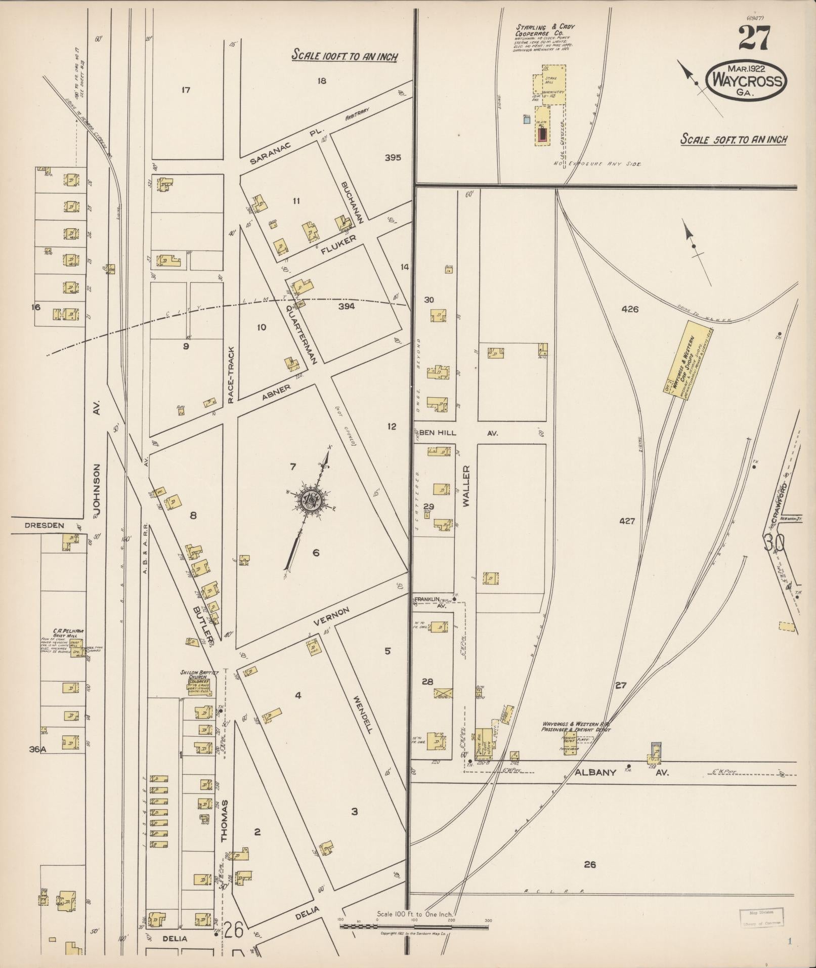 Sanborn Fire Insurance Map from Waycross, Ware County, Georgia (1922), Sheet #0027 - Complete Map Set gallery image, historic Sanborn map, vintage wall art, Georgia Georgia