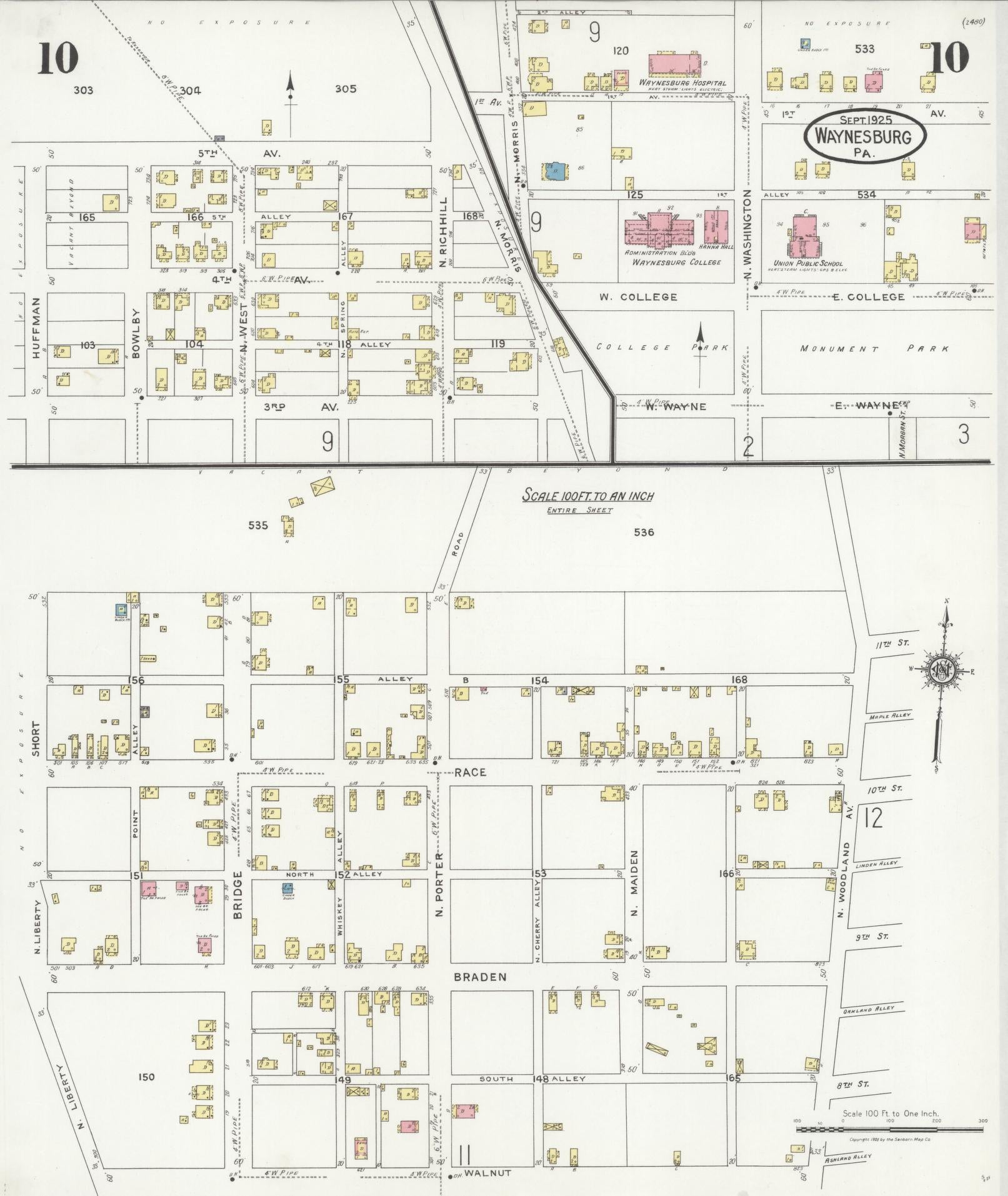 Sanborn Fire Insurance Map from Waynesburg, Greene County, Pennsylvania (1925), Sheet #0010 - Complete Map Set gallery image, historic Sanborn map, vintage wall art, Pennsylvania Pennsylvania