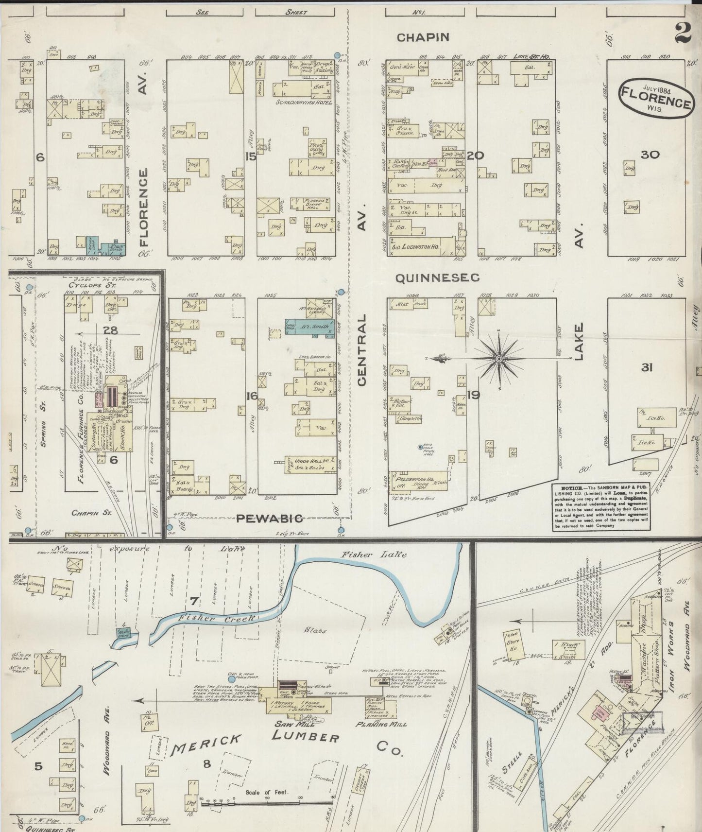 Sanborn Fire Insurance Map from Florence, Florence County, Wisconsin (1884), Sheet #0002 - Historic Sanborn Fire Insurance Map Print, vintage old map wall art, antique decor, genealogy gift, Wisconsin Wisconsin map