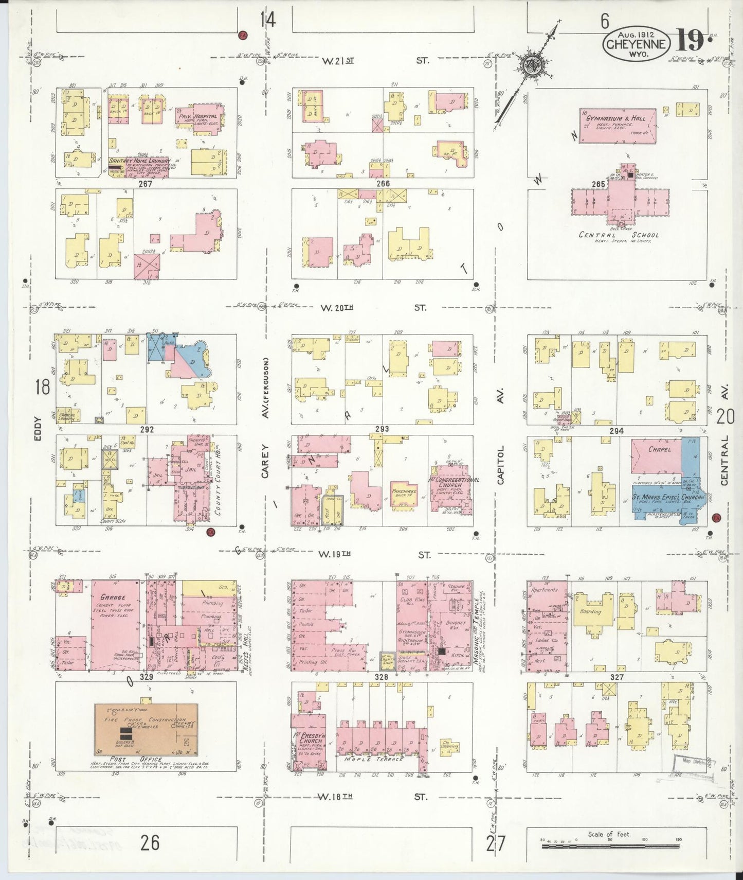 Sanborn Fire Insurance Map from Cheyenne, Laramie County, Wyoming (1912), Sheet #0019 - Complete Map Set gallery image, historic Sanborn map, vintage wall art, Wyoming Wyoming