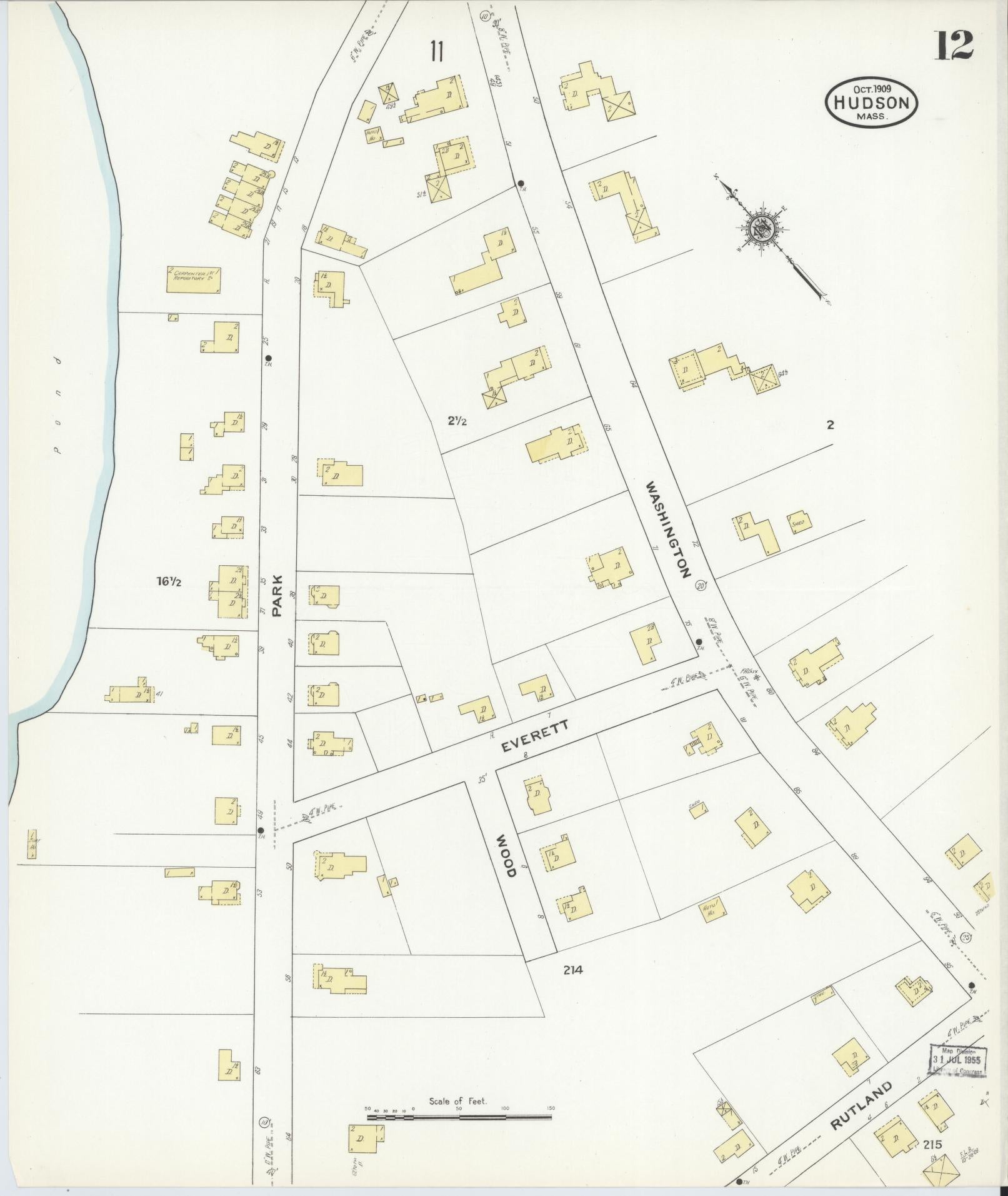 Sanborn Fire Insurance Map from Hudson, Middlesex County, Massachusetts (1909), Sheet #0012 - Historic Sanborn Fire Insurance Map Print, vintage old map wall art, antique decor, genealogy gift, Massachusetts Massachusetts map
