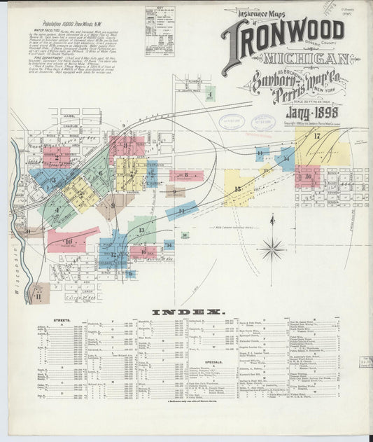 Sanborn Fire Insurance Map from Ironwood, Gogebic County, Michigan (1898), Sheet #0001 - Complete Map Set gallery image, historic Sanborn map, vintage wall art, Michigan Michigan