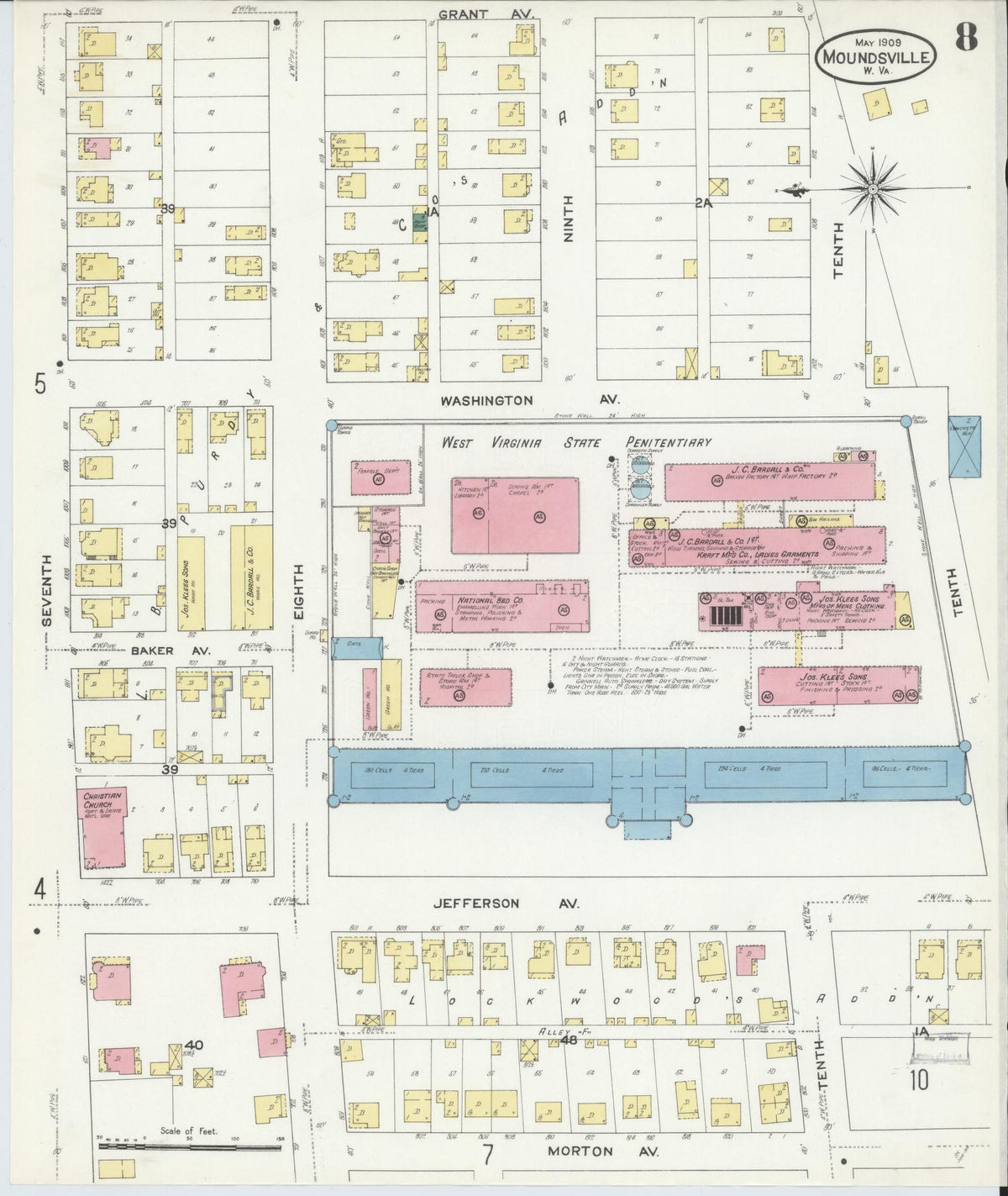 Sanborn Fire Insurance Map from Moundsville, Marshall County, West Virginia (1909), Sheet #0008 - Historic Sanborn Fire Insurance Map Print, vintage old map wall art, antique decor, genealogy gift, West Virginia West Virginia map